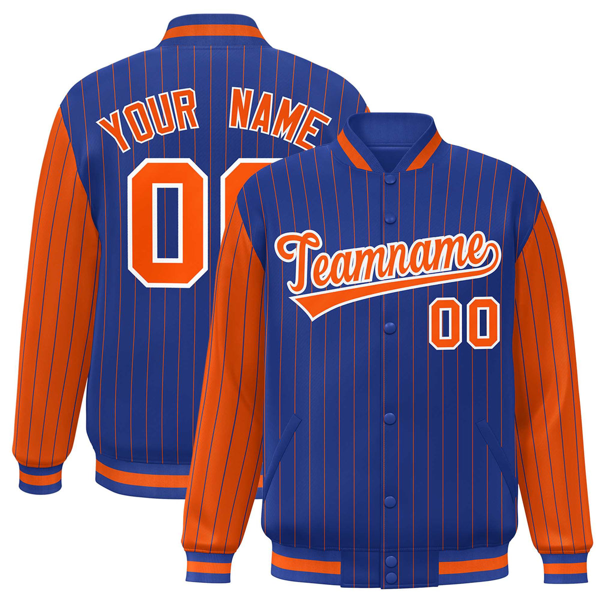 Custom Royal Orange Raglan Sleeves Varsity Full-Snap Pinstripe Letterman Baseball Jacket