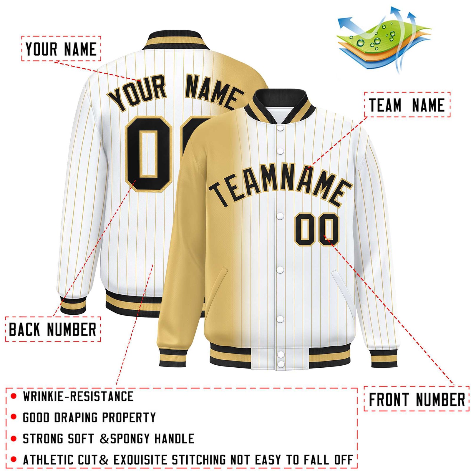 Custom White Old Gold Gradient Varsity Full-Snap Pinstripe Letterman Baseball Jacket