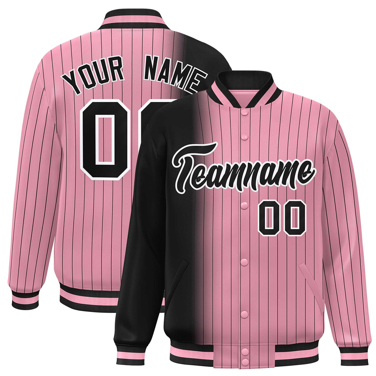 Custom Light Pink Black Gradient Varsity Full-Snap Pinstripe Letterman Baseball Jacket