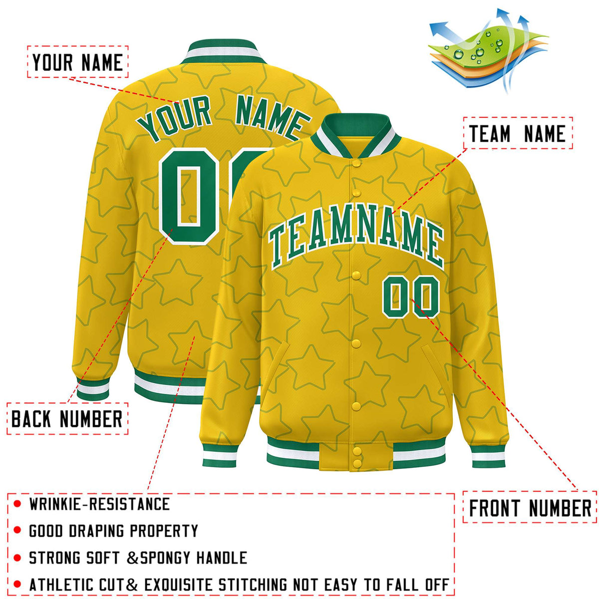 Custom Gold Kelly Green Varsity Full-Snap Star Pattern Letterman Baseball Jacket