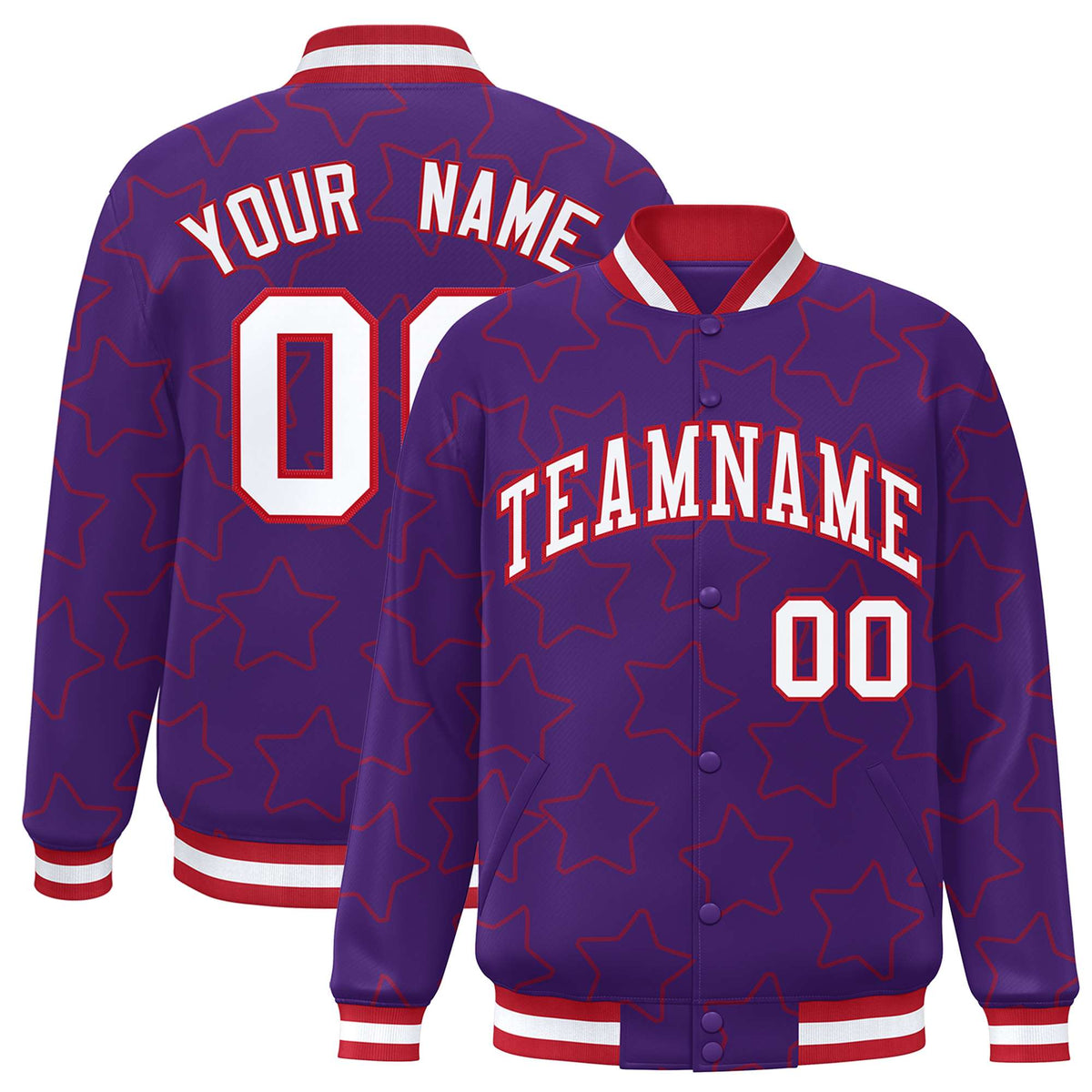 Custom Purple Red Varsity Full-Snap Star Pattern Letterman Baseball Jacket