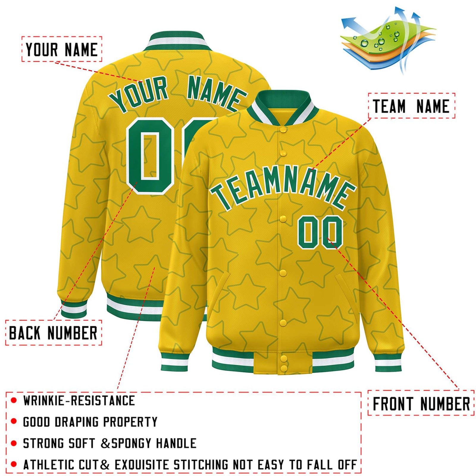 Custom Gold Kelly Green Varsity Full-Snap Star Pattern Letterman Baseball Jacket