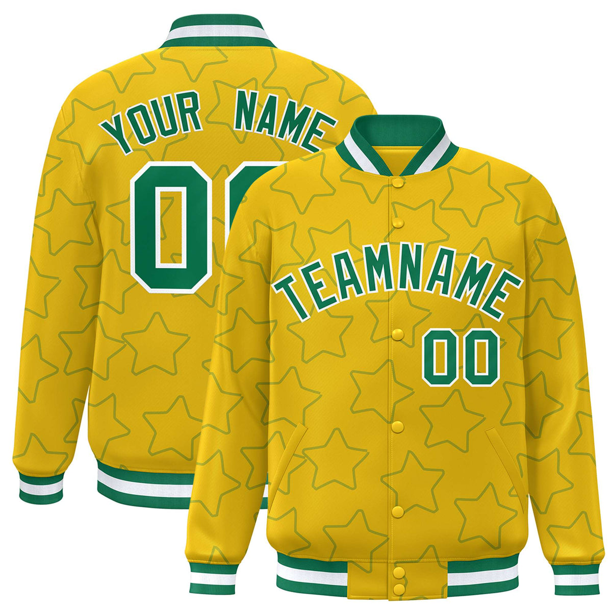 Custom Gold Kelly Green Varsity Full-Snap Star Pattern Letterman Baseball Jacket