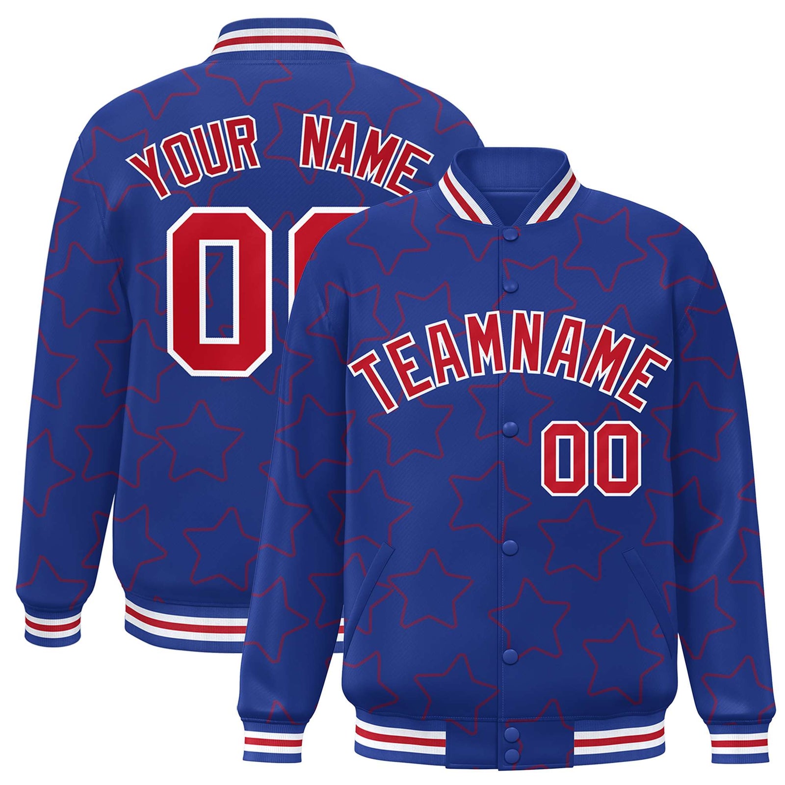 Custom Royal Red Varsity Full-Snap Star Pattern Letterman Baseball Jacket