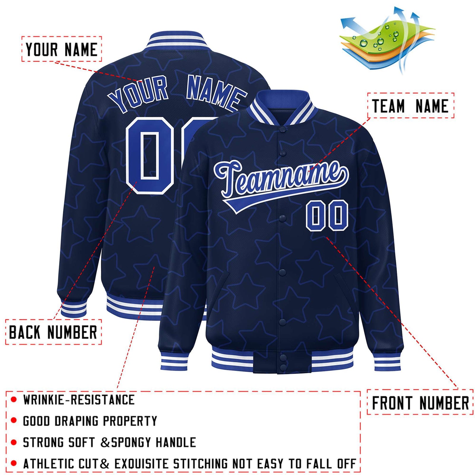 Custom Navy Royal Varsity Full-Snap Star Pattern Letterman Baseball Jacket