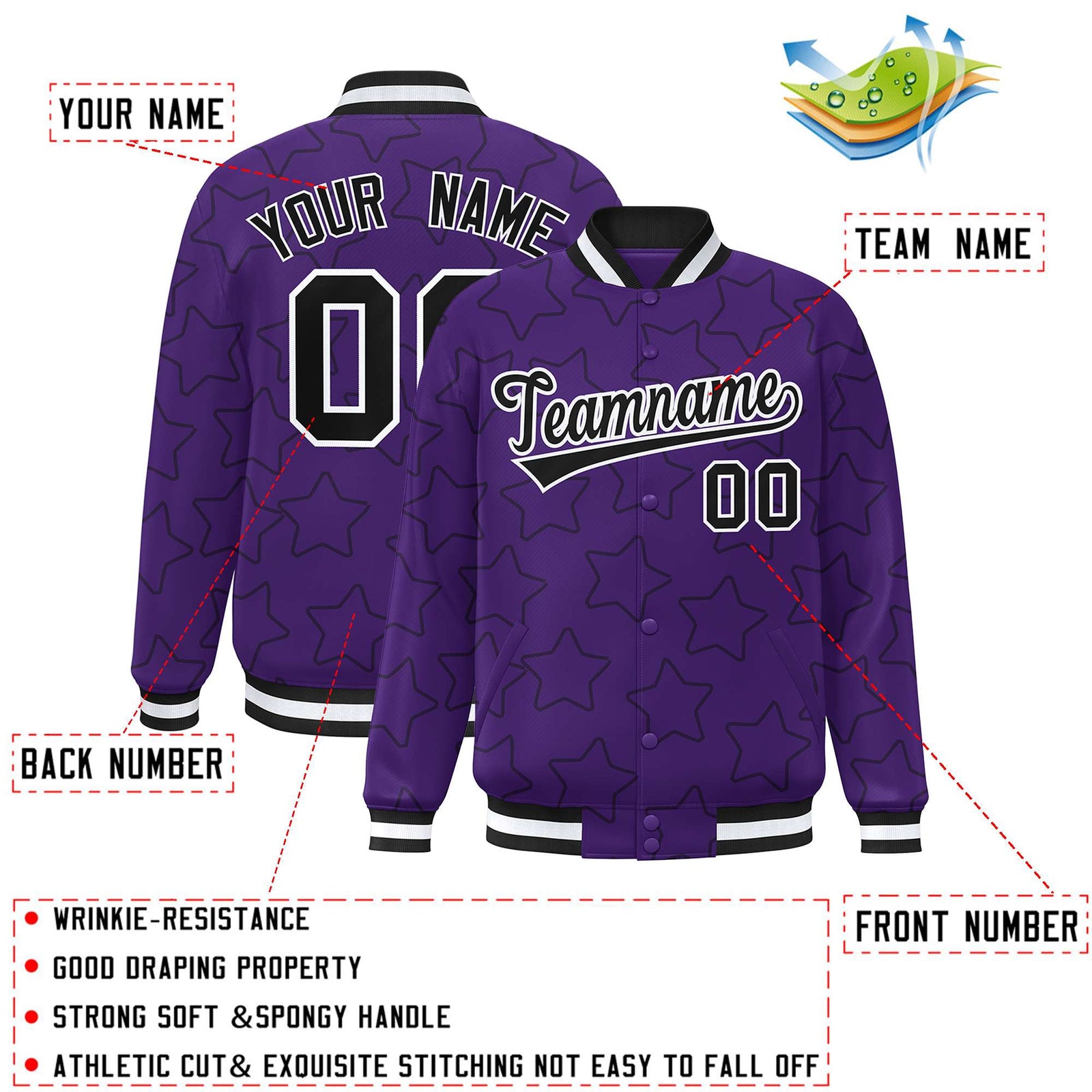 Custom Purple Black Varsity Full-Snap Star Pattern Letterman Baseball Jacket