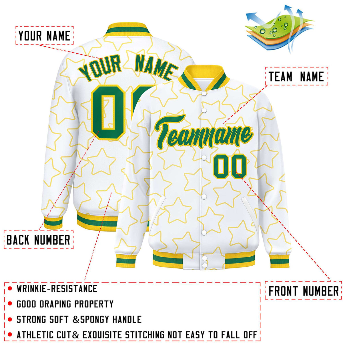 Custom White Gold Varsity Full-Snap Star Pattern Letterman Baseball Jacket