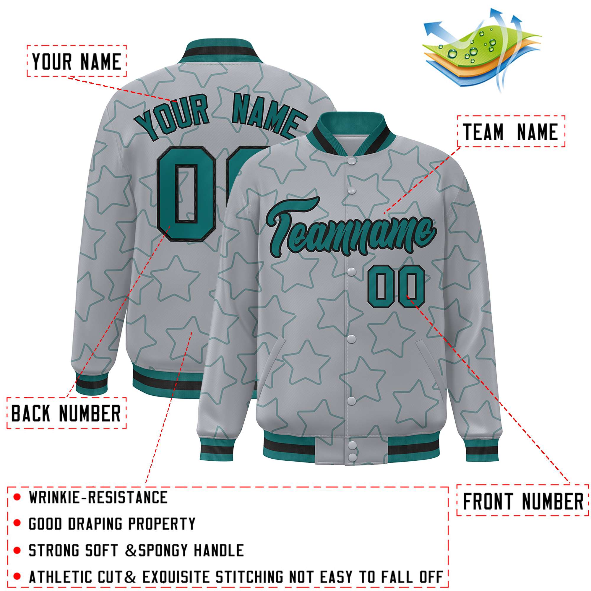 Custom Gray Aqua Varsity Full-Snap Star Pattern Letterman Baseball Jacket