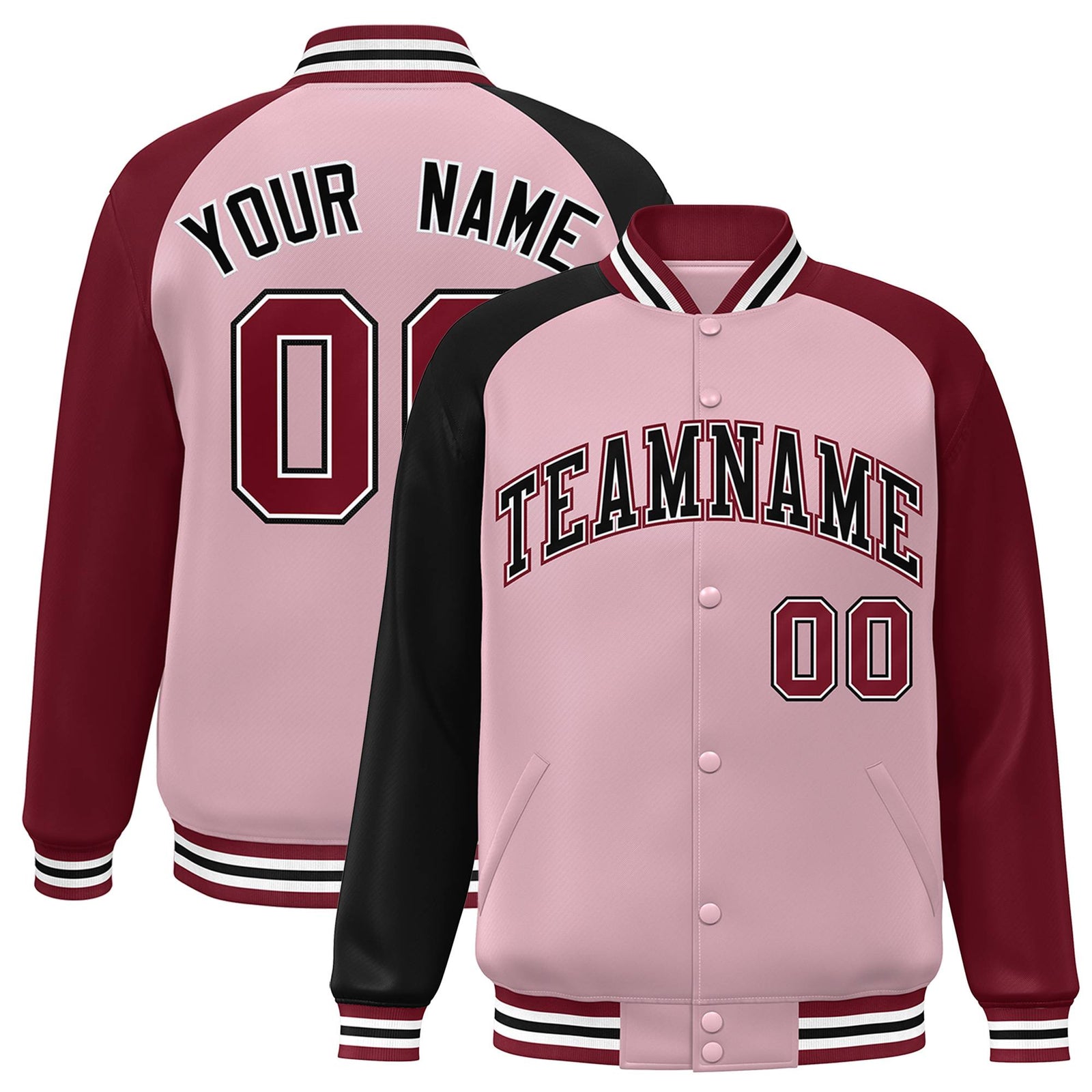 Custom Light Pink Crimson-Black Varsity Full-Snap Authentic Raglan Sleeves Letterman Bomber Jacket