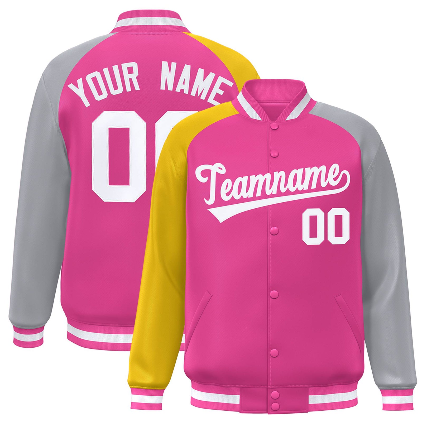 Custom Pink Gray-Gold Varsity Full-Snap Authentic Raglan Sleeves Letterman Bomber Jacket