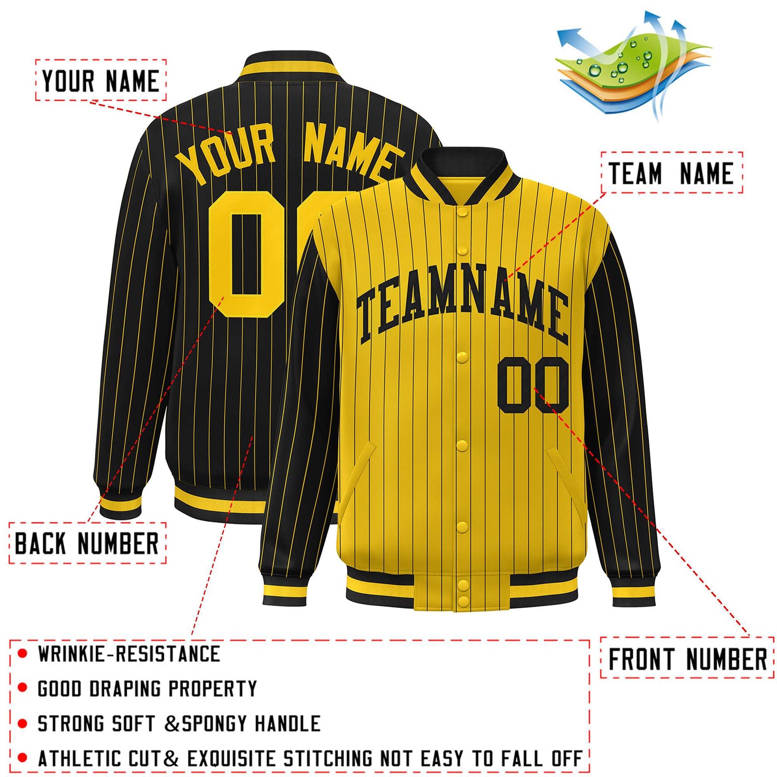 Custom Gold Black Raglan Sleeves Varsity Full-Snap Pinstripe Letterman Baseball Jacket