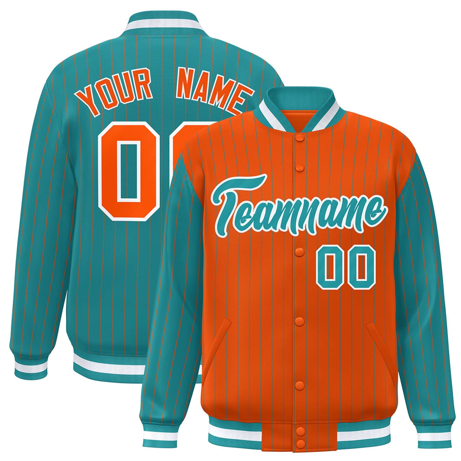 Custom Orange Aqua Raglan Sleeves Varsity Full-Snap Pinstripe Letterman Baseball Jacket