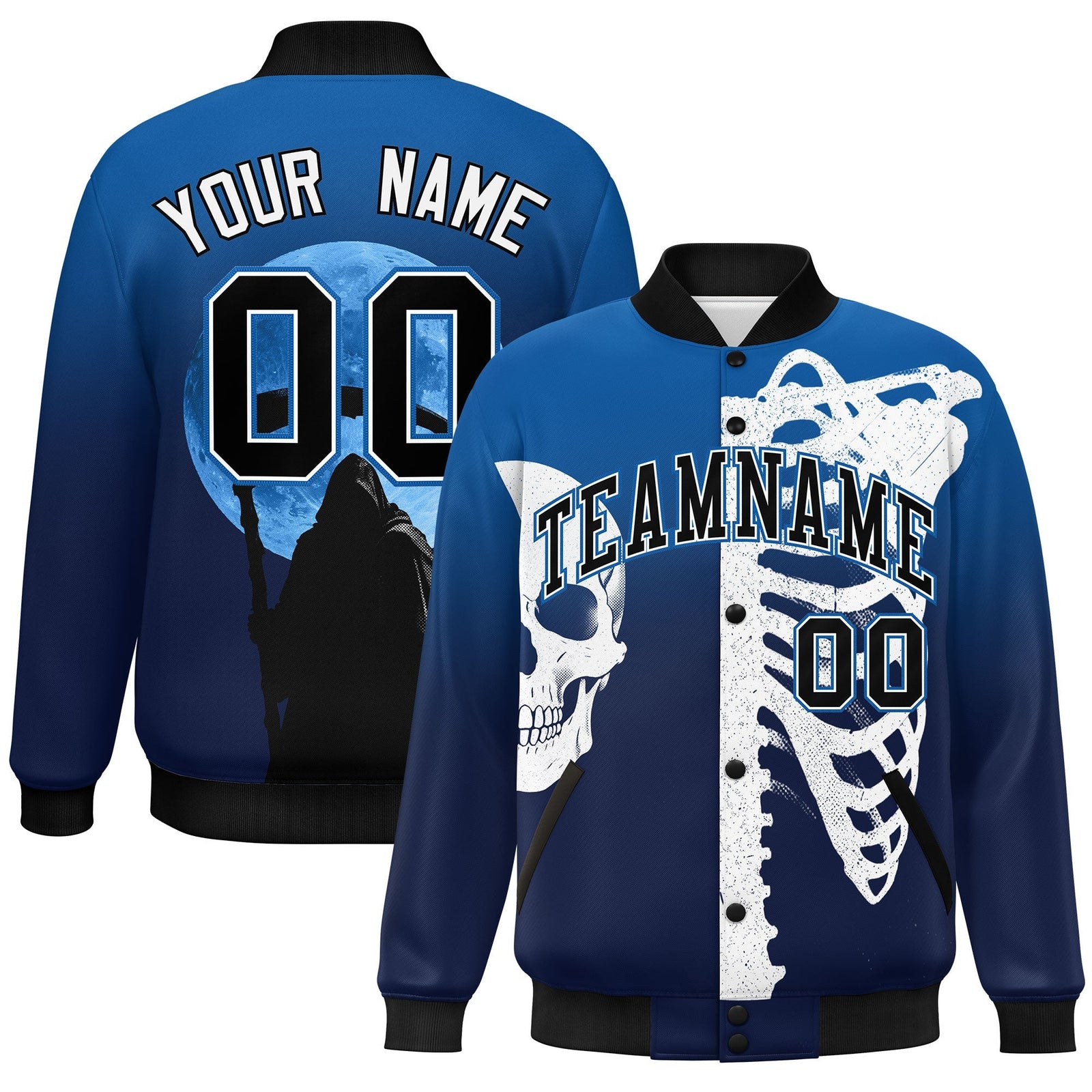 Custom Royal Navy Black skeleton Halloween Graffiti Pattern Stretch Fabric Jacket| KXKSHOP