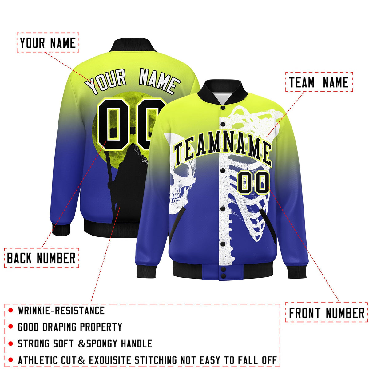 Custom Fluorescent Green Royal Black skeleton Halloween Graffiti Pattern Moisture-Wicking Jacket| KXKSHOP