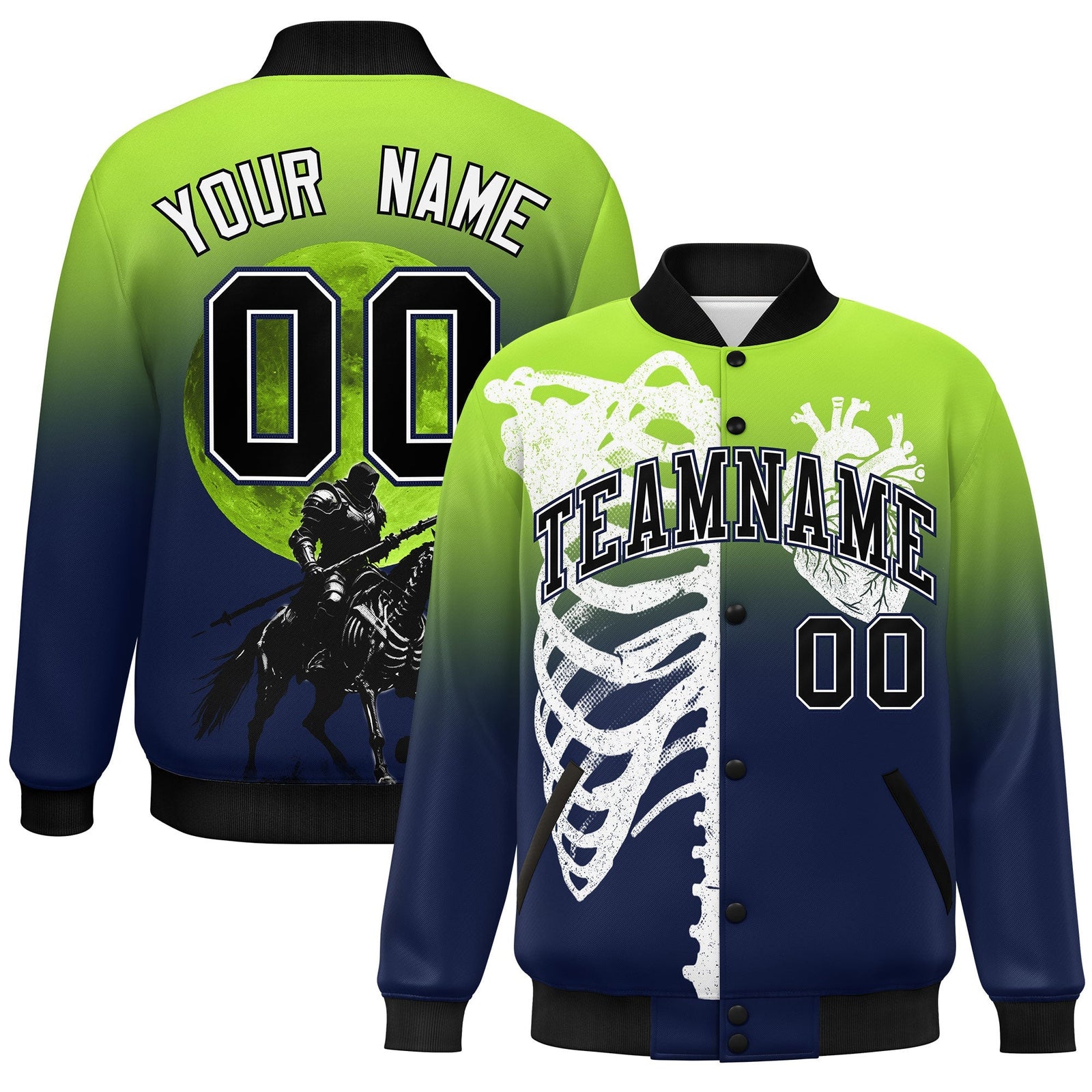 Custom Neon Green Navy Black skeleton Halloween Graffiti Pattern Stretch Fabric Jacket| KXKSHOP