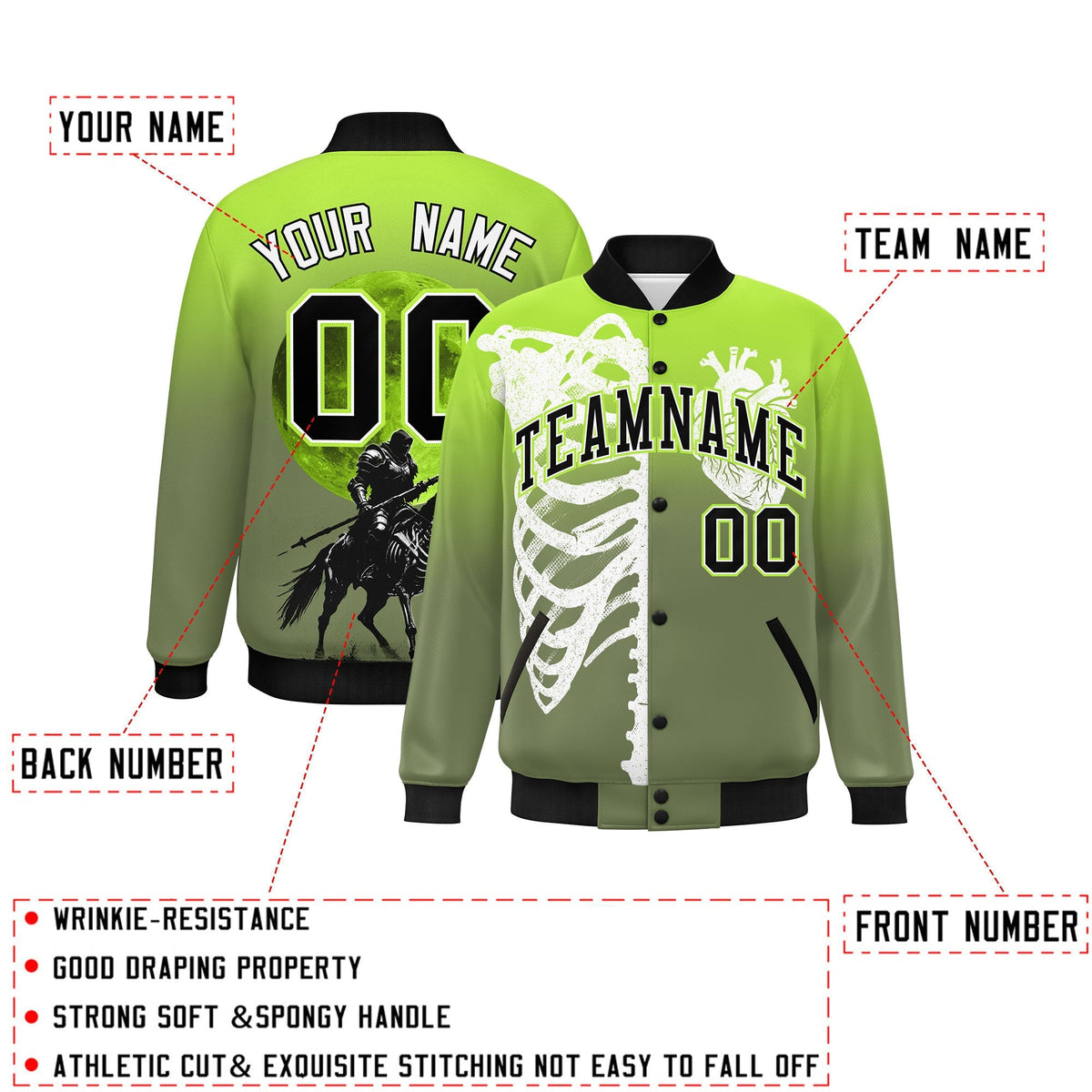 Custom Neon Green Black White skeleton Halloween Graffiti Pattern Moisture-Wicking Jacket| KXKSHOP