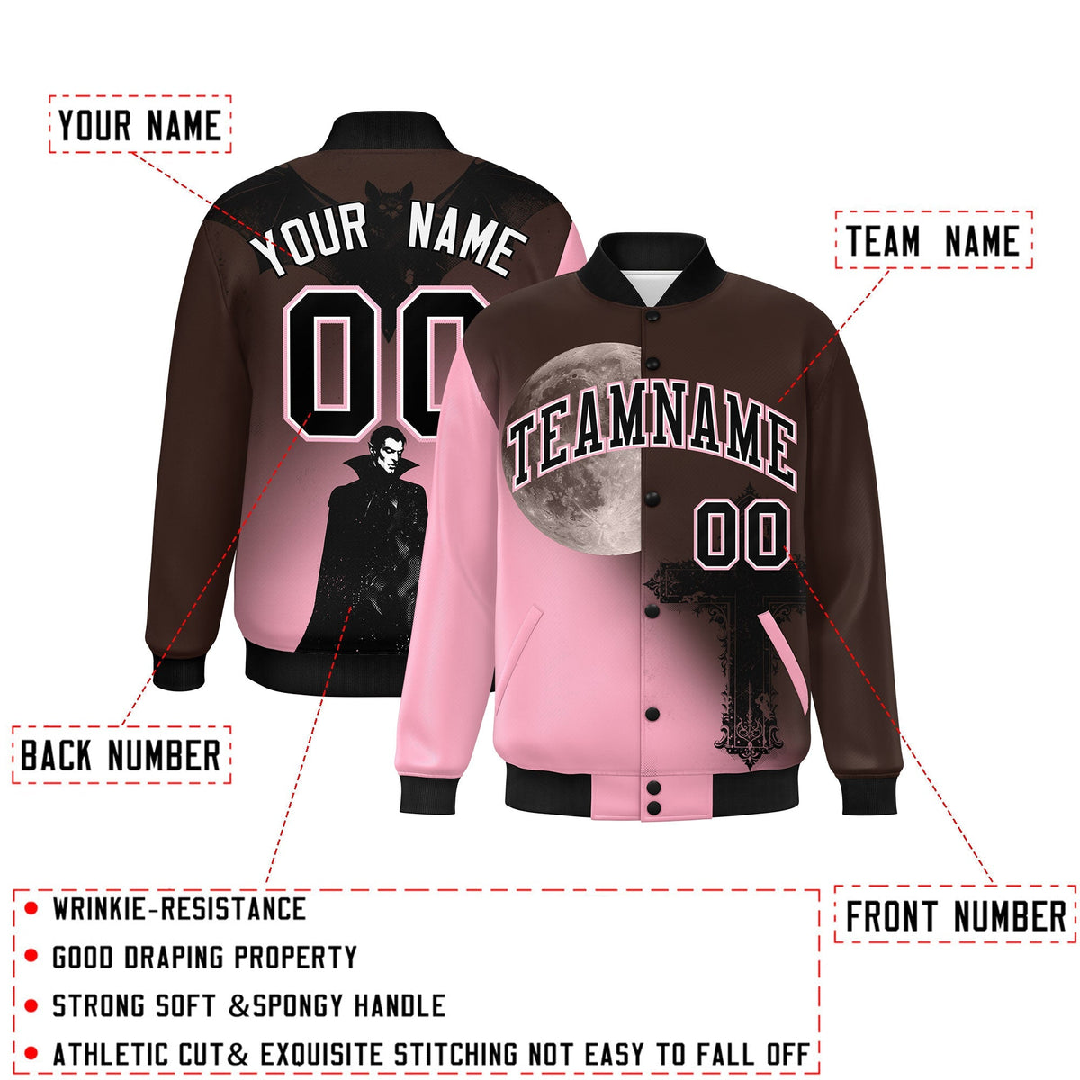 Custom Brown Light Pink Black skeleton Halloween Graffiti Pattern Stretch Fabric Jacket| KXKSHOP