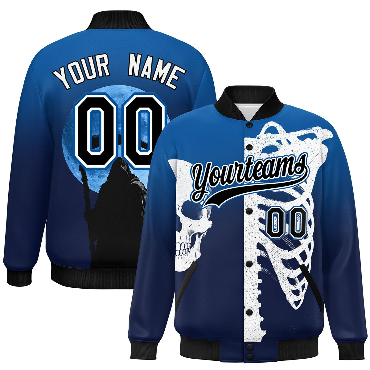 Custom Royal Navy Black skeleton Halloween Graffiti Pattern Stretch Fabric Jacket| KXKSHOP