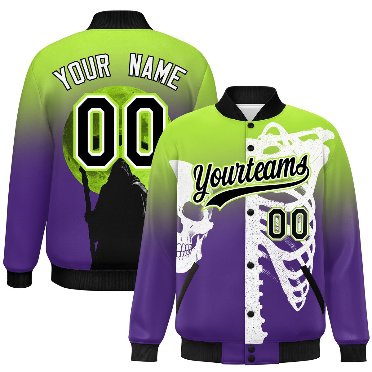 Custom Neon Green Purple Black skeleton Halloween Graffiti Pattern Moisture-Wicking Jacket| KXKSHOP