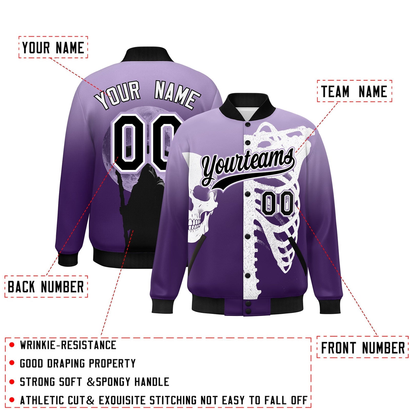 Custom Light Purple Purple Black skeleton Halloween Graffiti Pattern Stretch Fabric Jacket| KXKSHOP
