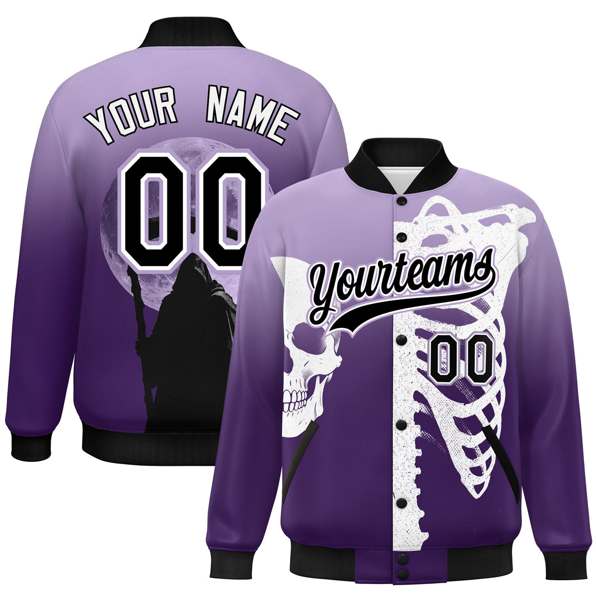 Custom Light Purple Purple Black skeleton Halloween Graffiti Pattern Stretch Fabric Jacket| KXKSHOP