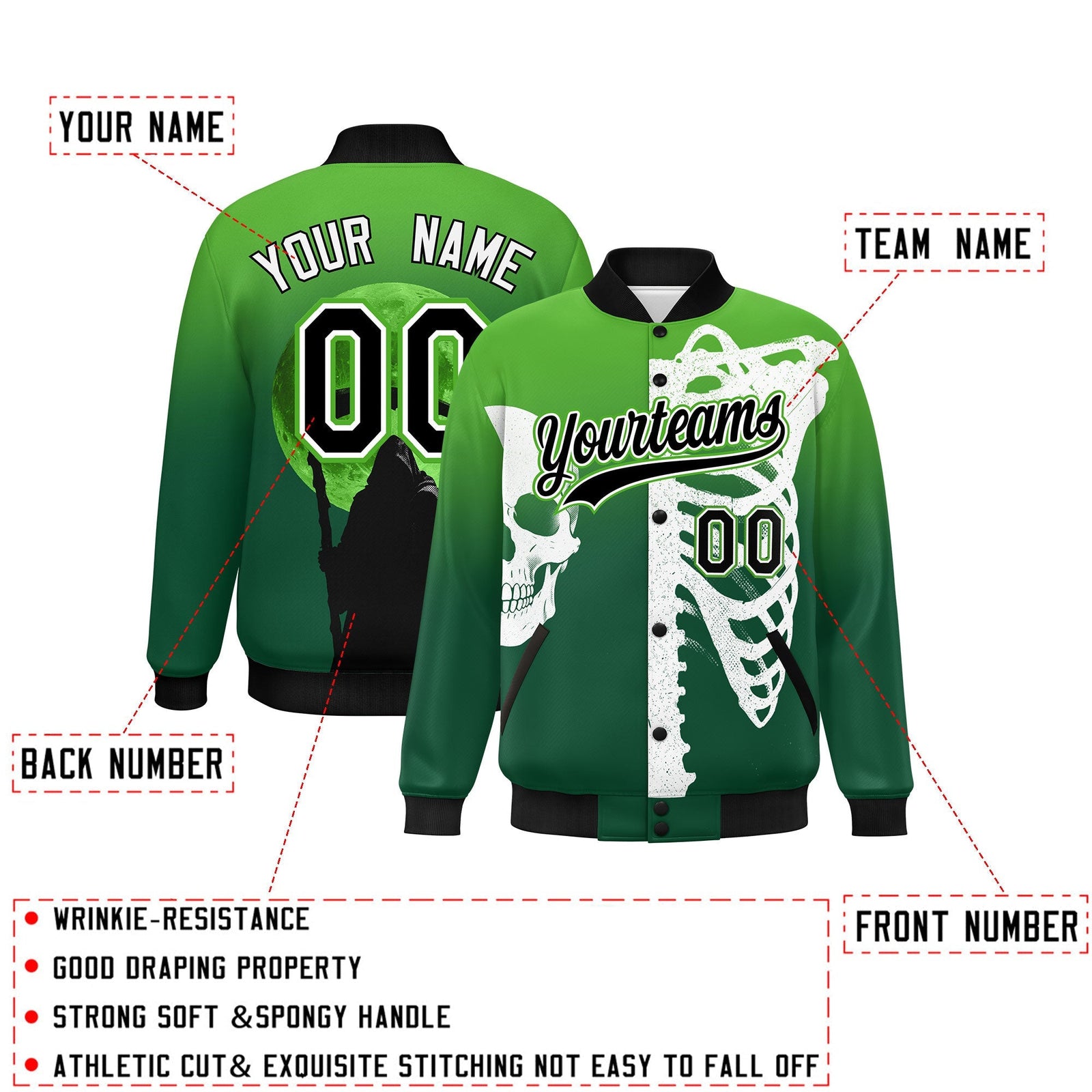 Custom Light Green Dark Green Black skeleton Halloween Graffiti Pattern Moisture-Wicking Jacket| KXKSHOP
