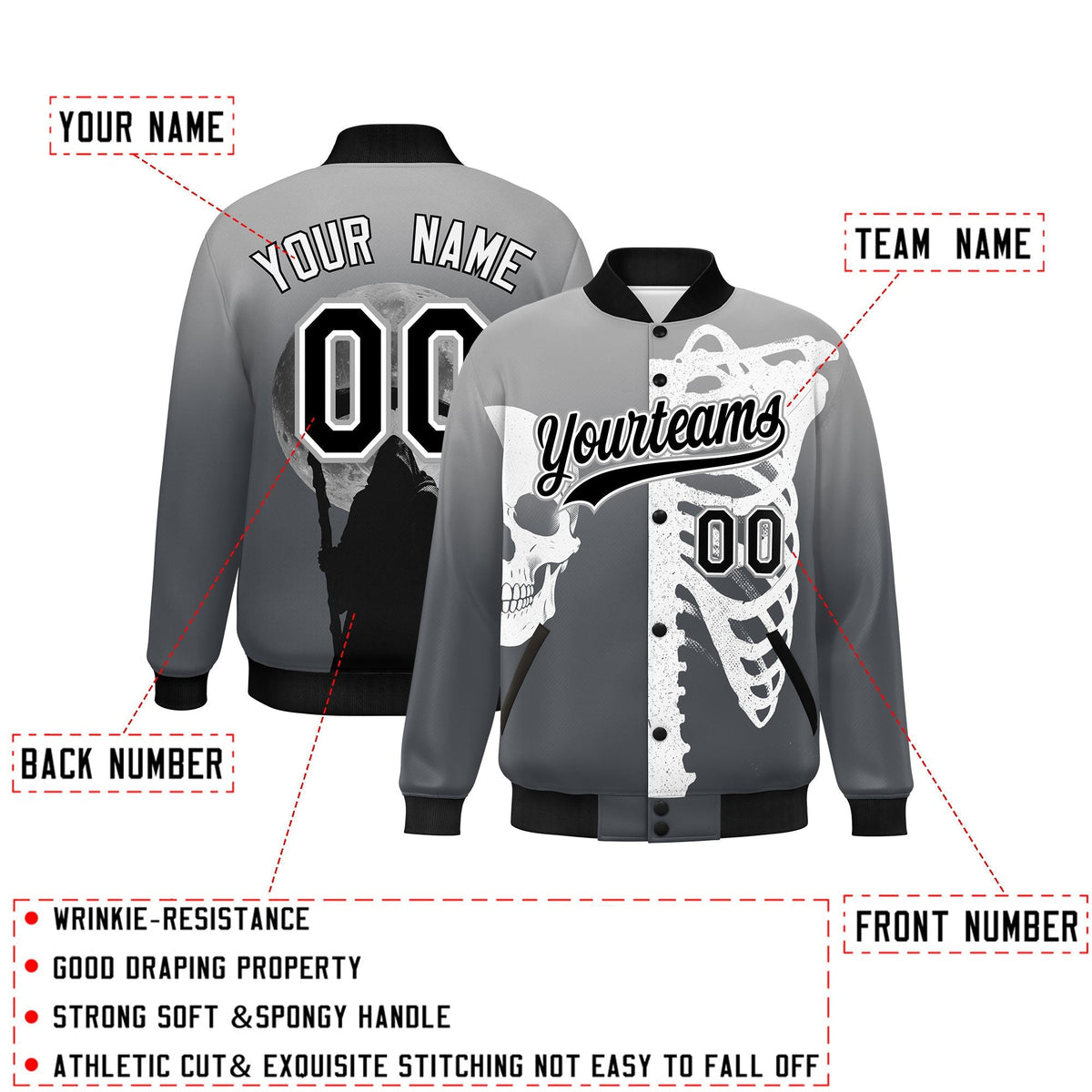 Custom Gray Dark Gray Black skeleton Halloween Graffiti Pattern Moisture-Wicking Jacket| KXKSHOP