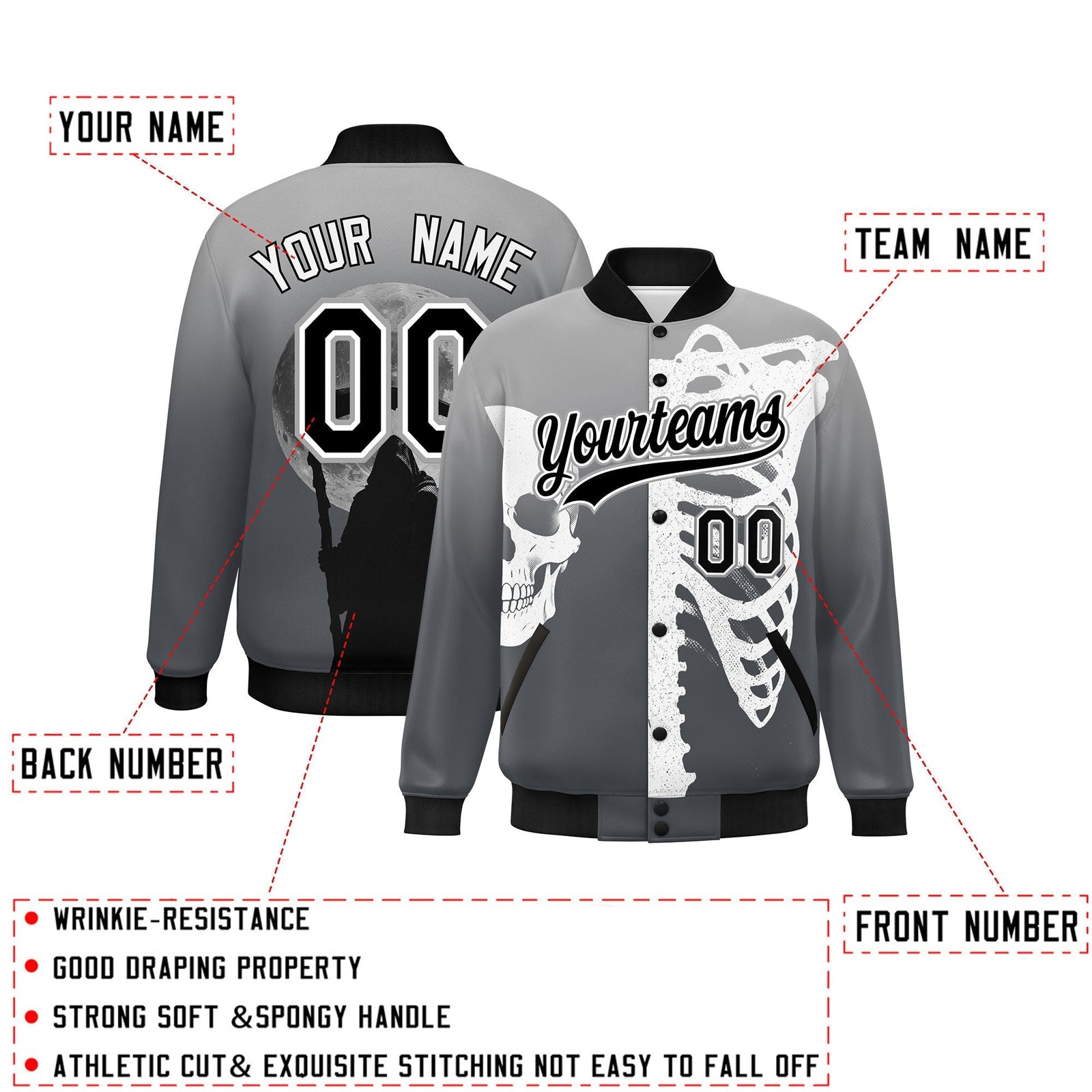 Custom Gray Dark Gray Black skeleton Halloween Graffiti Pattern Moisture-Wicking Jacket| KXKSHOP
