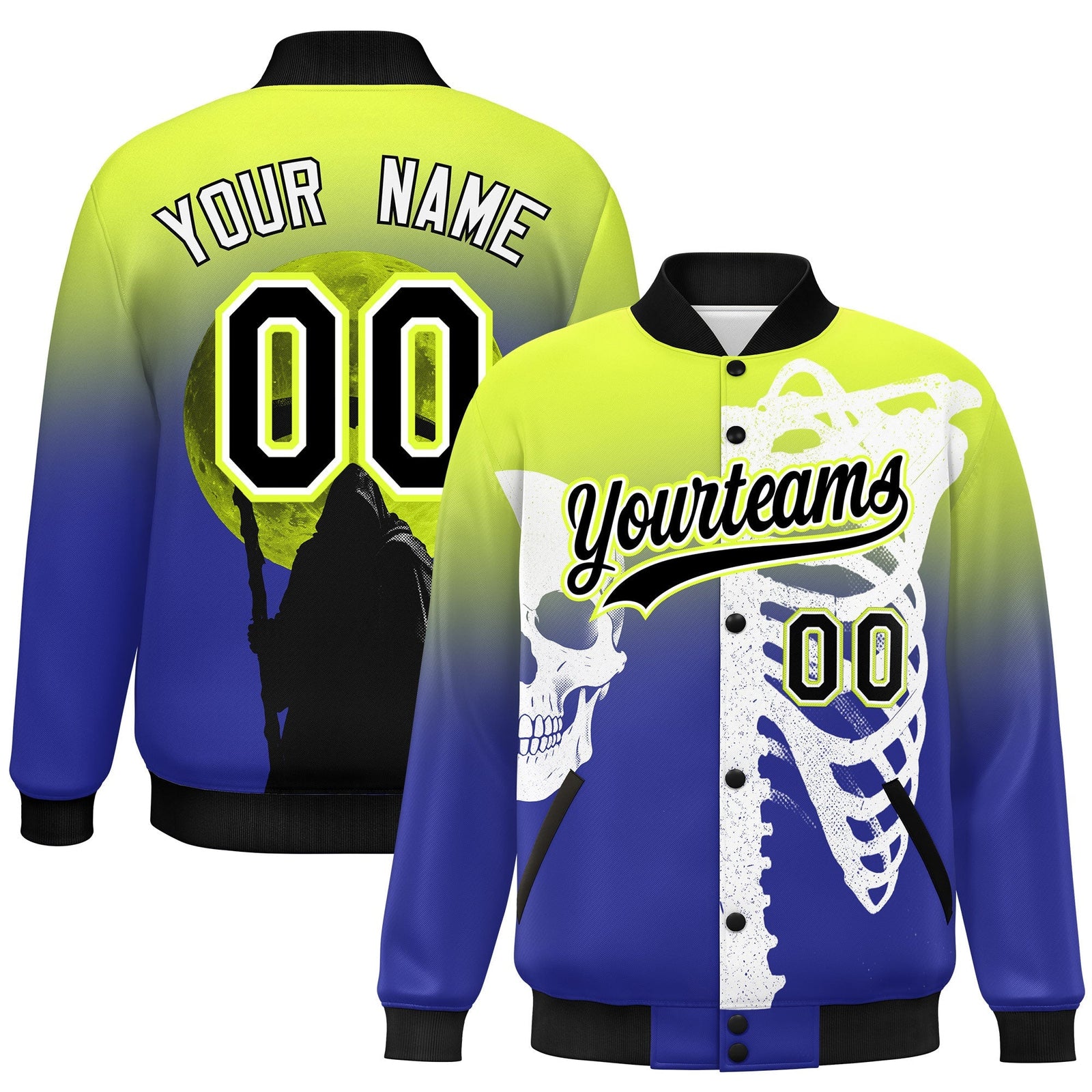 Custom Fluorescent Green Royal Black skeleton Halloween Graffiti Pattern Moisture-Wicking Jacket| KXKSHOP