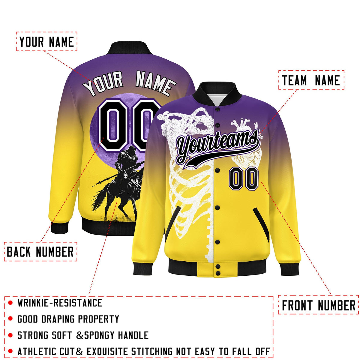 Custom Purple Gold Black skeleton Halloween Graffiti Pattern Moisture-Wicking Jacket| KXKSHOP