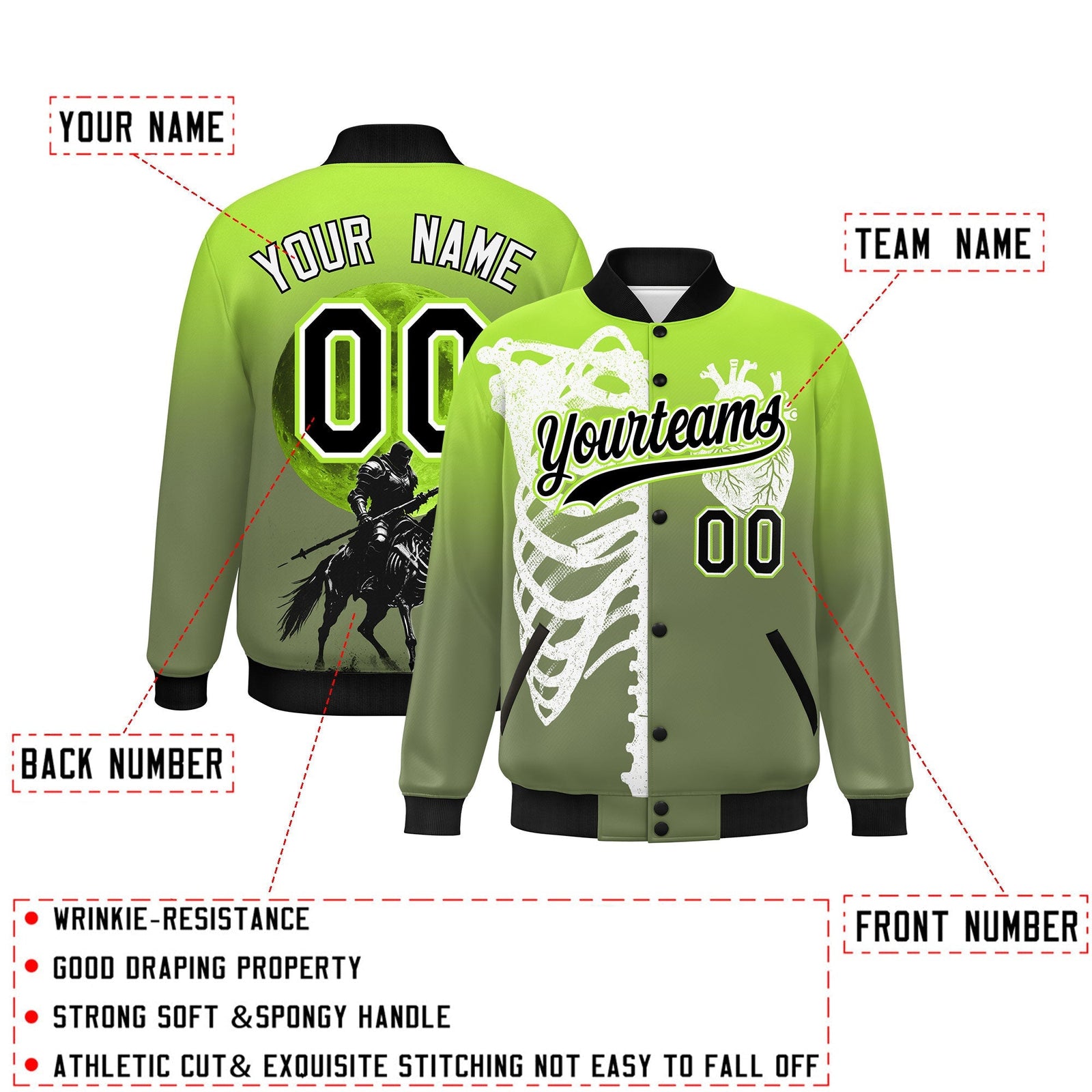 Custom Neon Green Black White skeleton Halloween Graffiti Pattern Moisture-Wicking Jacket| KXKSHOP