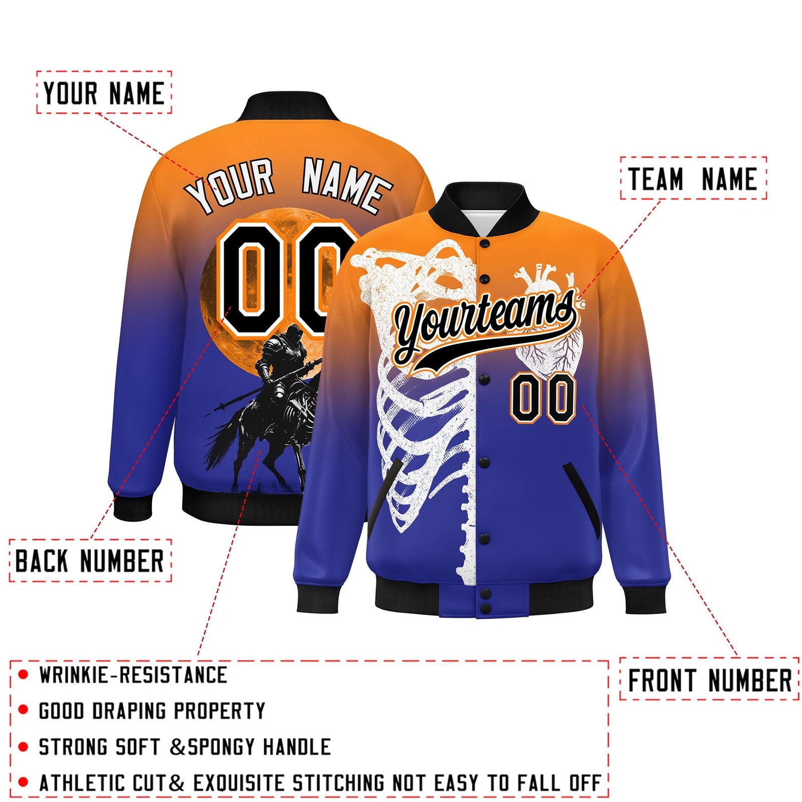 Custom Orange Royal Black skeleton Halloween Graffiti Pattern Moisture-Wicking Jacket| KXKSHOP
