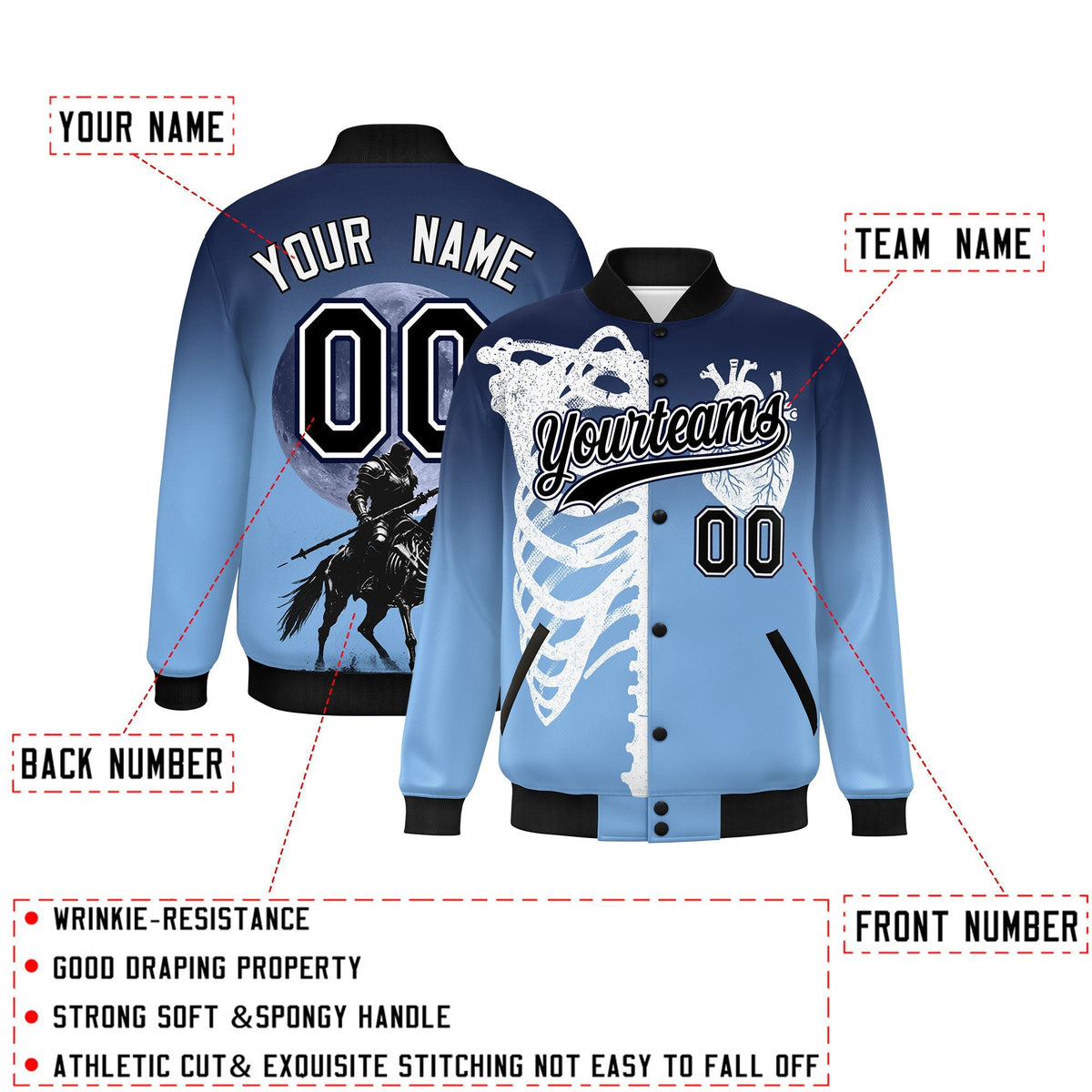 Custom Navy Light Blue Black skeleton Halloween Graffiti Pattern Moisture-Wicking Jacket| KXKSHOP