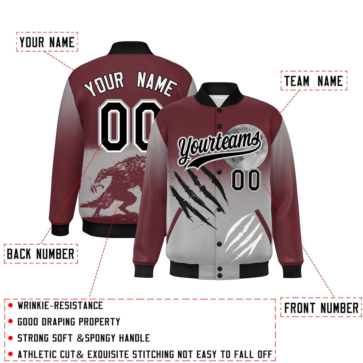 Custom Burgundy Gray Black skeleton Halloween Graffiti Pattern Moisture-Wicking Jacket| KXKSHOP