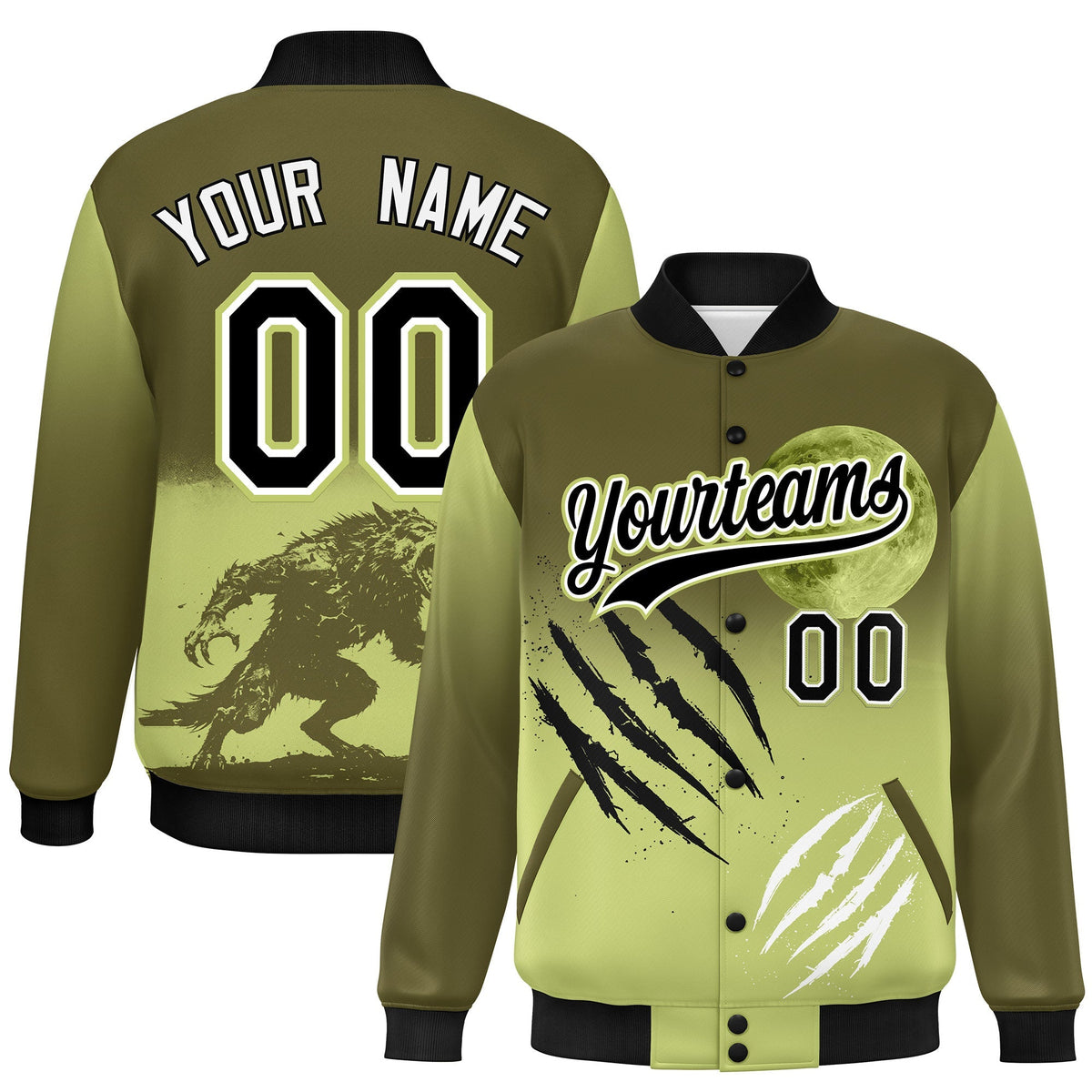 Custom Olive Champagne Black skeleton Halloween Graffiti Pattern Stretch Fabric Jacket| KXKSHOP