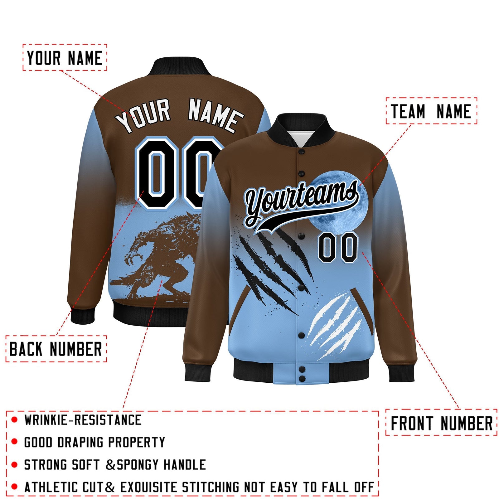 Custom Light Brown Powder Blue Black skeleton Halloween Graffiti Pattern Stretch Fabric Jacket| KXKSHOP