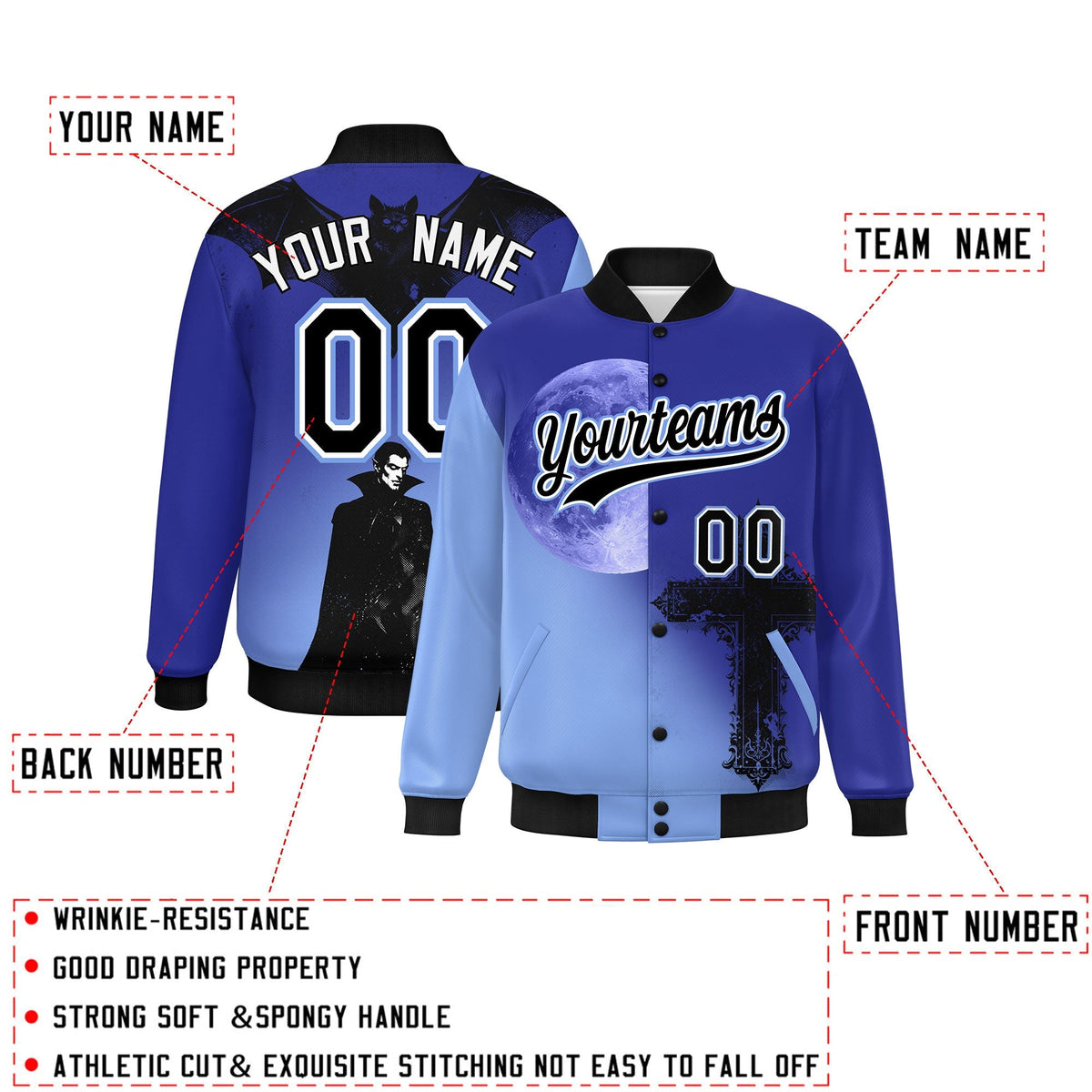 Custom Royal Light Blue Black skeleton Halloween Graffiti Pattern Moisture-Wicking Jacket| KXKSHOP