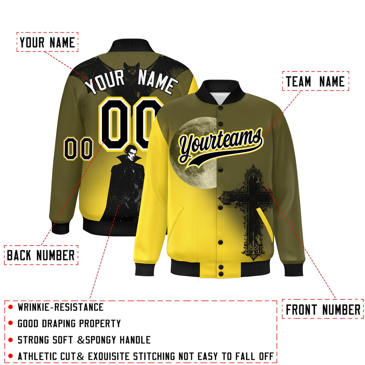 Custom Olive Gold Black skeleton Halloween Graffiti Pattern Moisture-Wicking Jacket| KXKSHOP