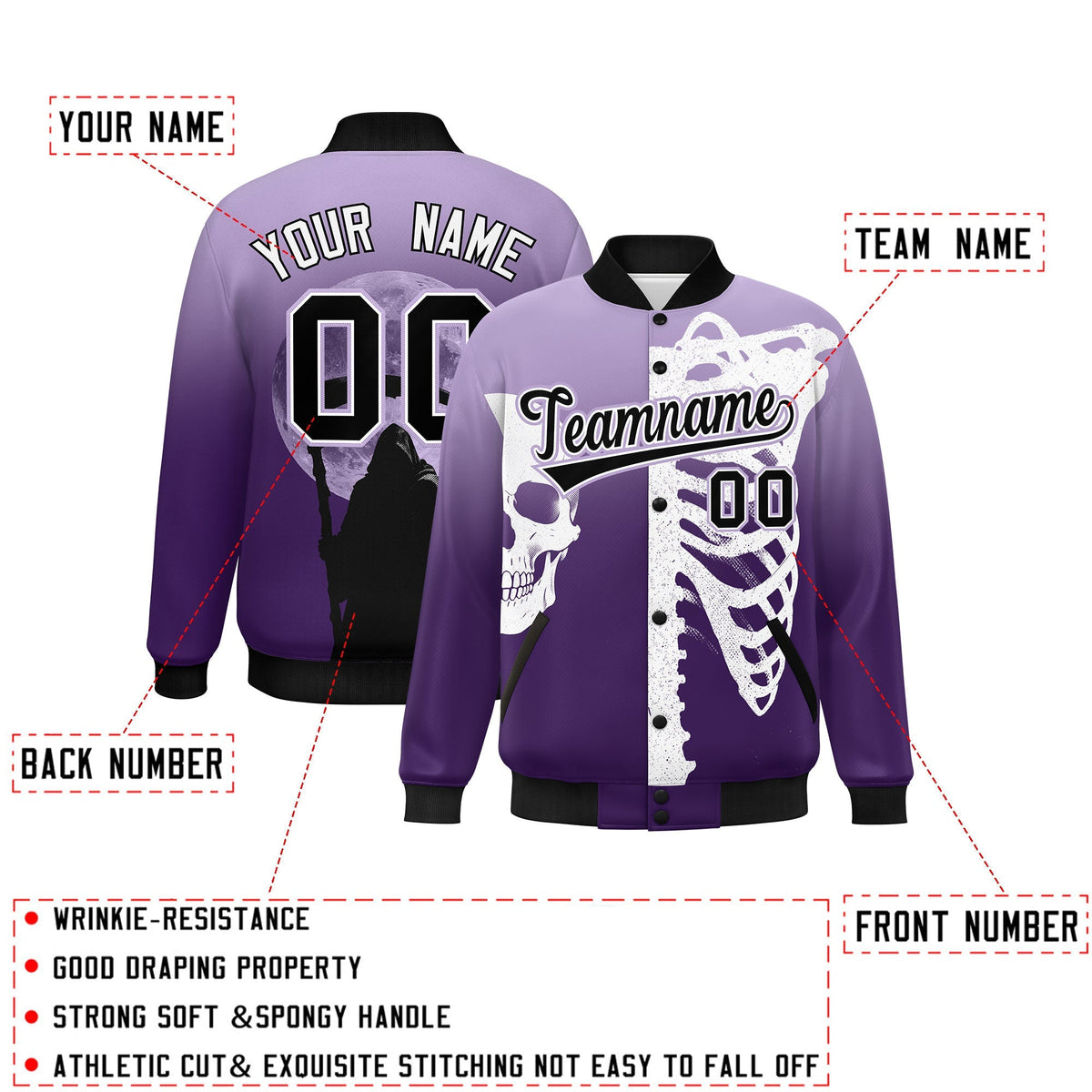 Custom Light Purple Purple Black skeleton Halloween Graffiti Pattern Stretch Fabric Jacket| KXKSHOP