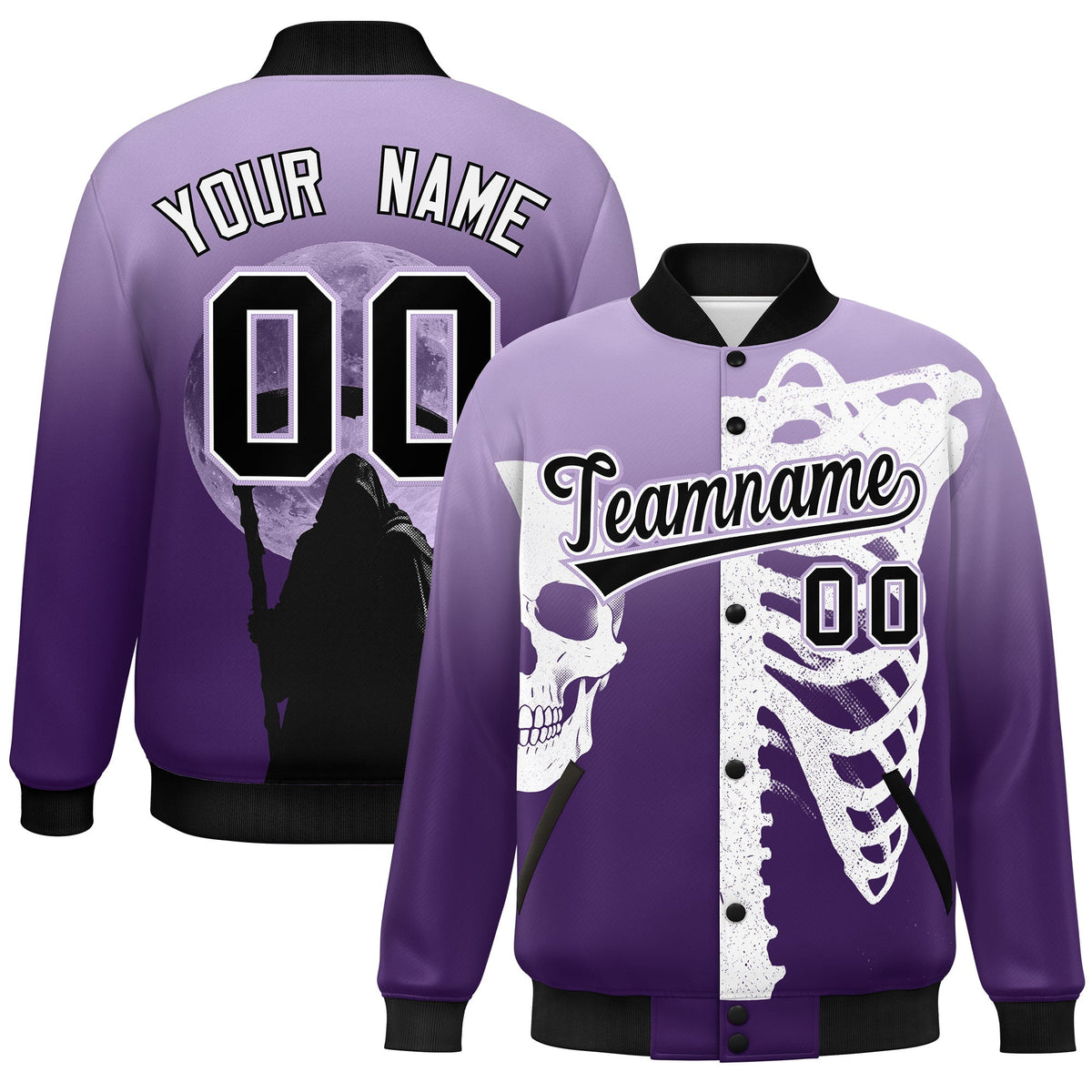 Custom Light Purple Purple Black skeleton Halloween Graffiti Pattern Stretch Fabric Jacket| KXKSHOP