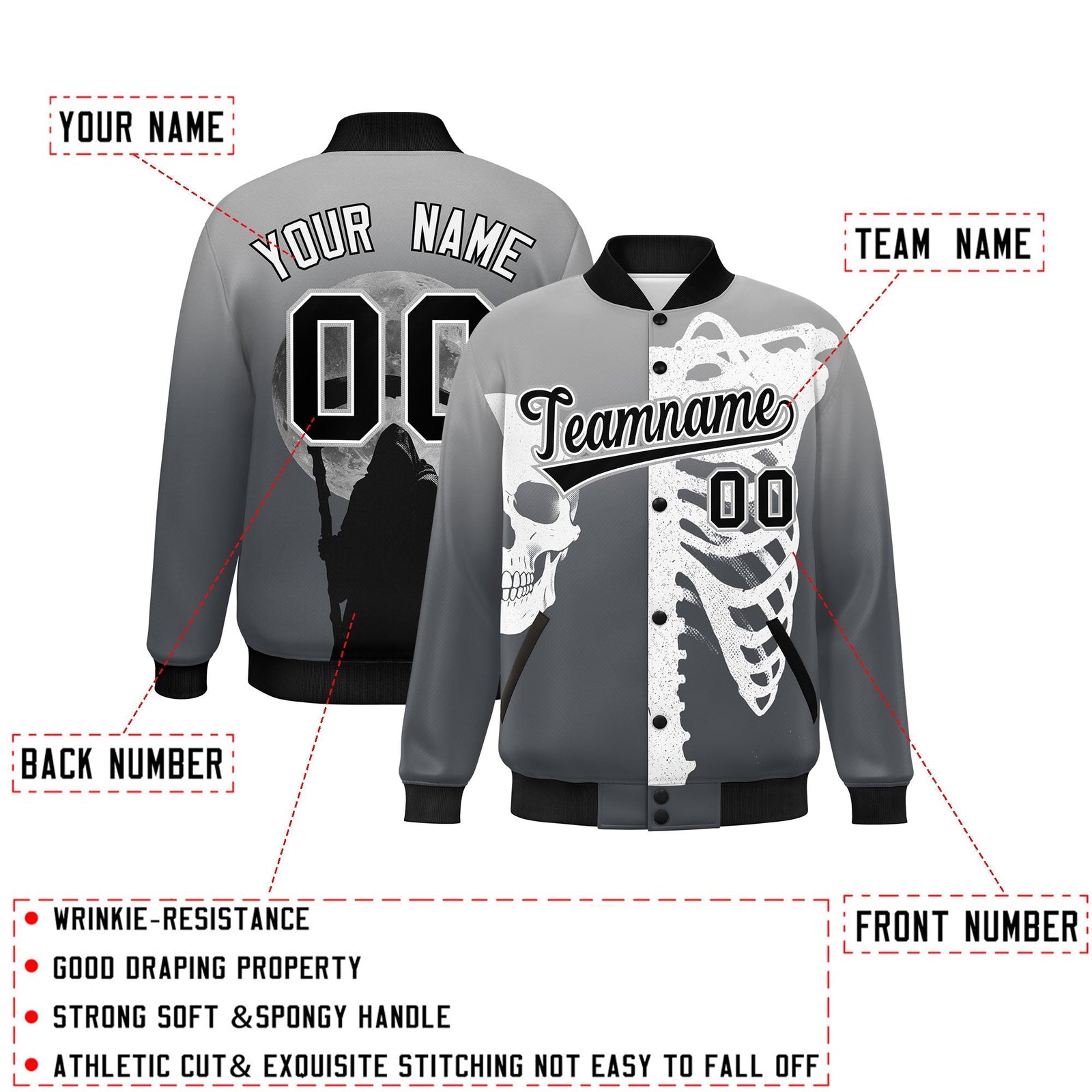 Custom Gray Dark Gray Black skeleton Halloween Graffiti Pattern Moisture-Wicking Jacket| KXKSHOP
