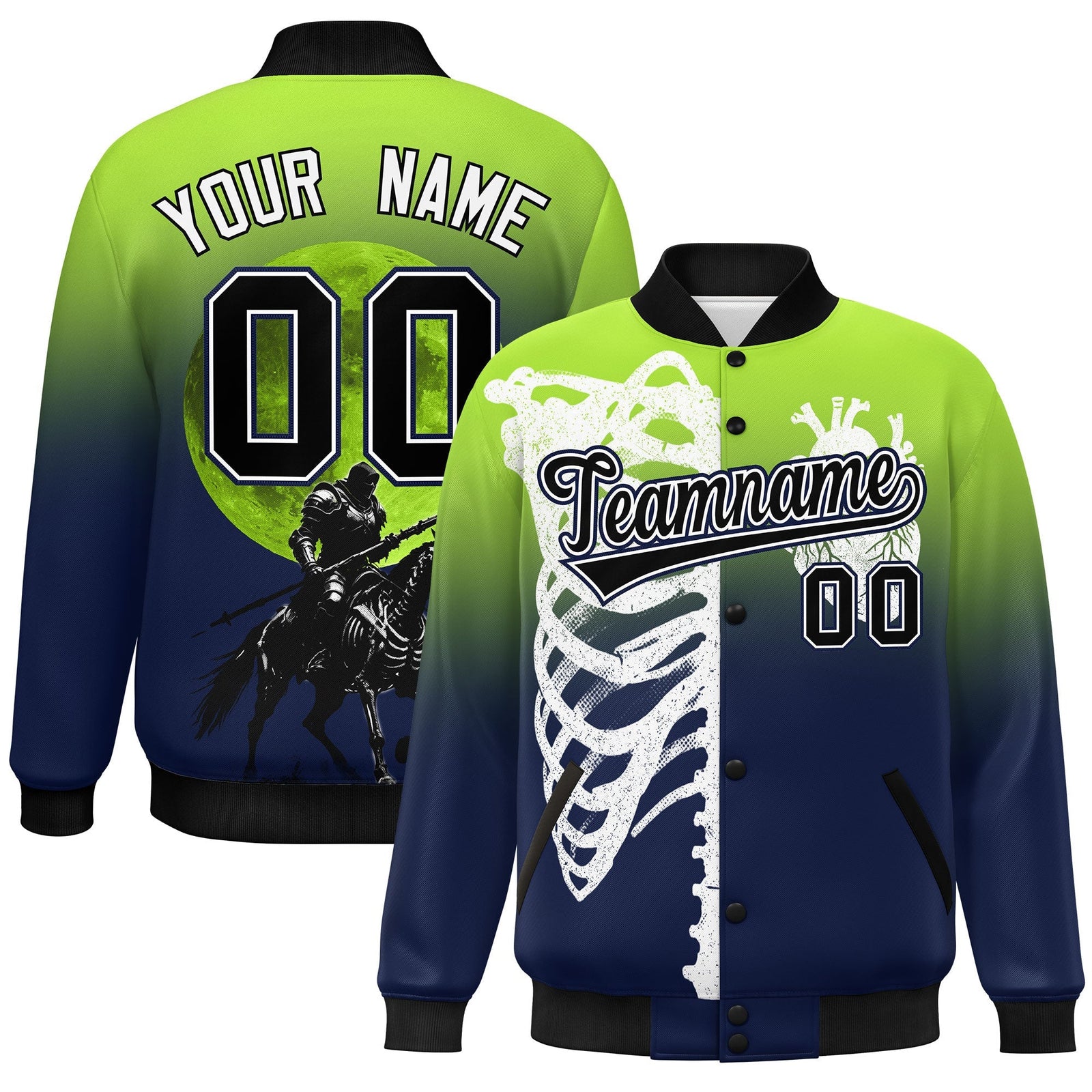 Custom Neon Green Navy Black skeleton Halloween Graffiti Pattern Stretch Fabric Jacket| KXKSHOP