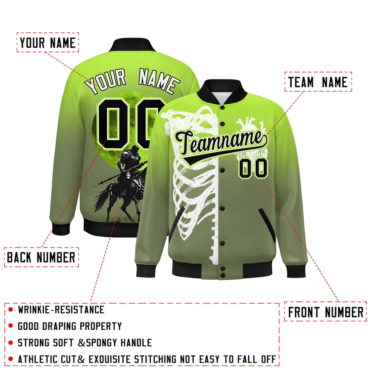 Custom Neon Green Black White skeleton Halloween Graffiti Pattern Moisture-Wicking Jacket| KXKSHOP