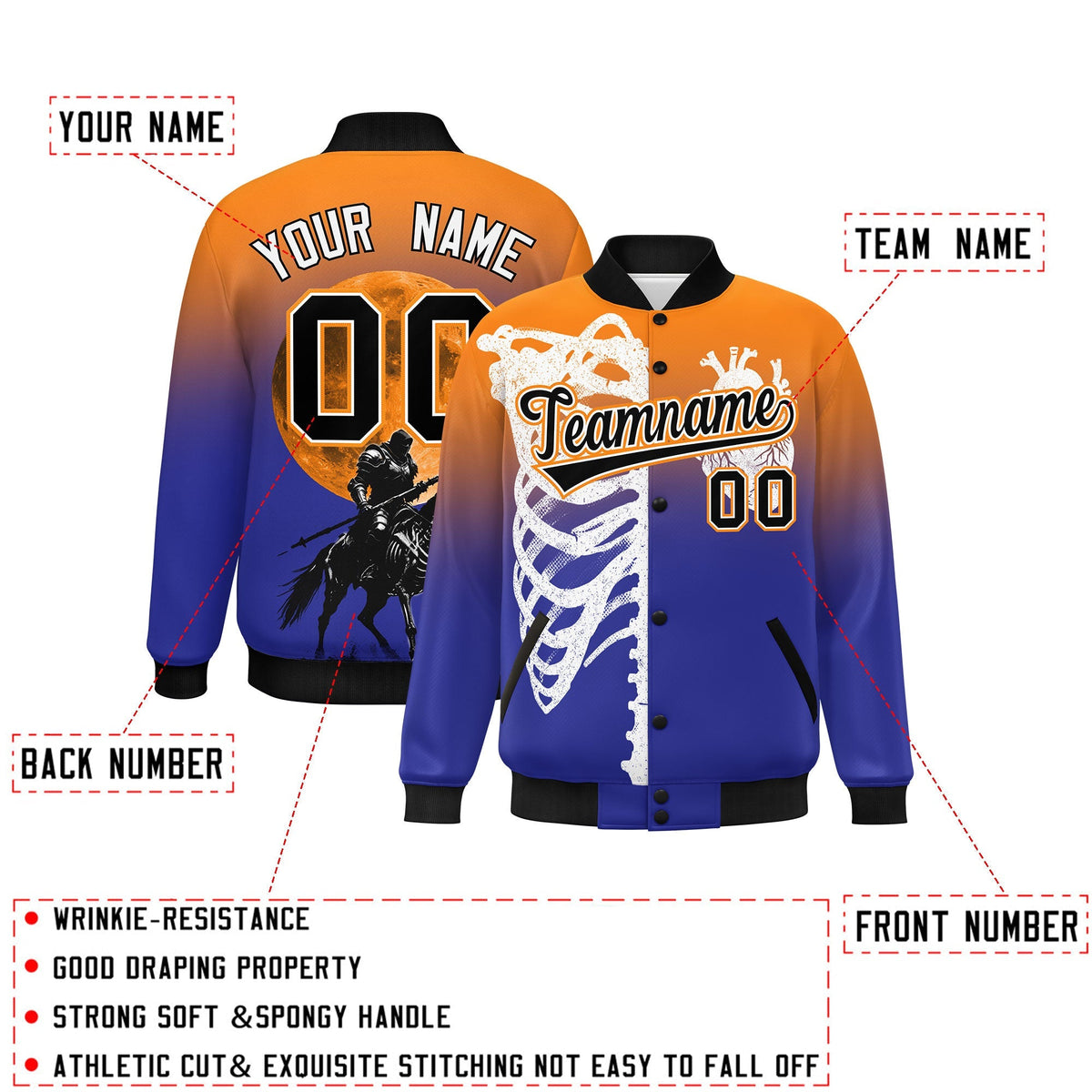 Custom Orange Royal Black skeleton Halloween Graffiti Pattern Moisture-Wicking Jacket| KXKSHOP