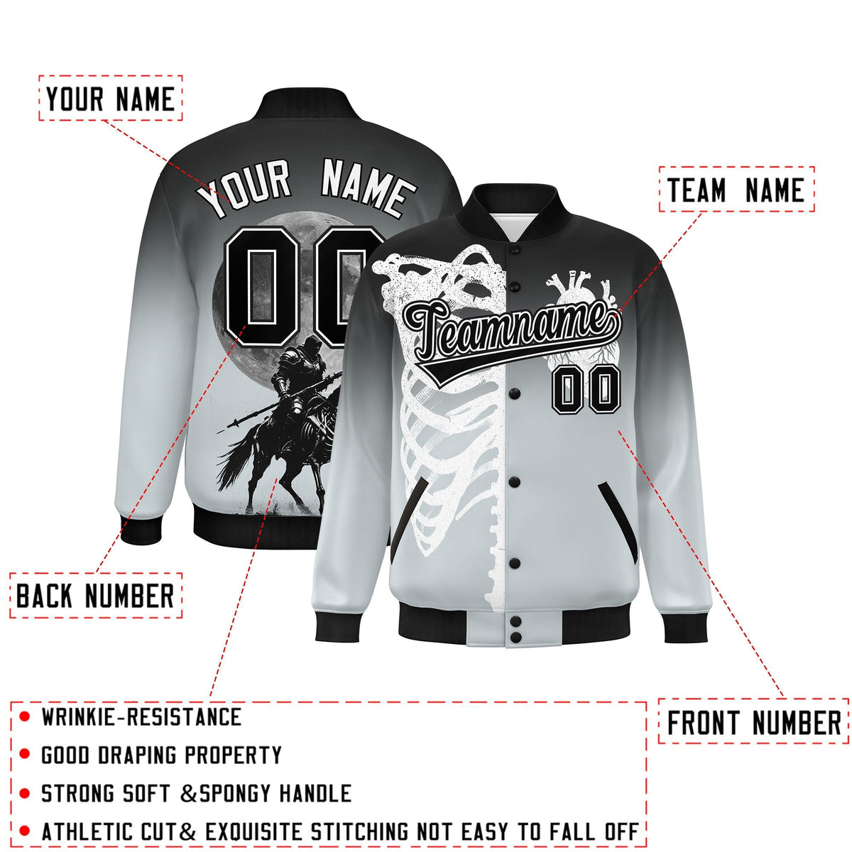 Custom Black Silver White skeleton Halloween Graffiti Pattern Stretch Fabric Jacket| KXKSHOP