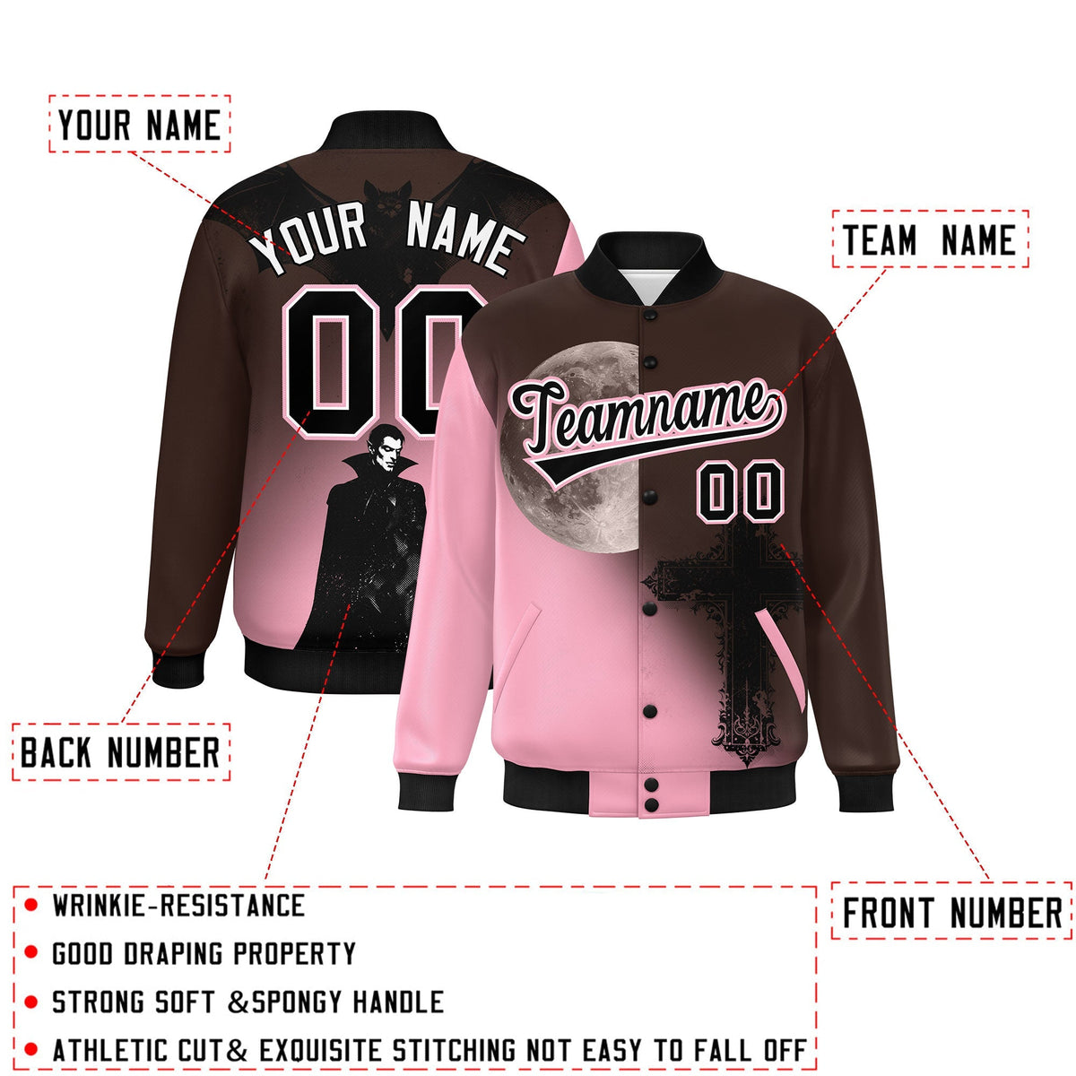 Custom Brown Light Pink Black skeleton Halloween Graffiti Pattern Stretch Fabric Jacket| KXKSHOP
