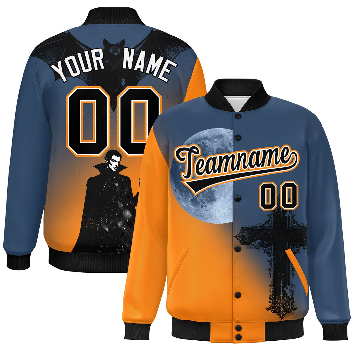 Custom Midnight Blue Orange Black skeleton Halloween Graffiti Pattern Stretch Fabric Jacket| KXKSHOP
