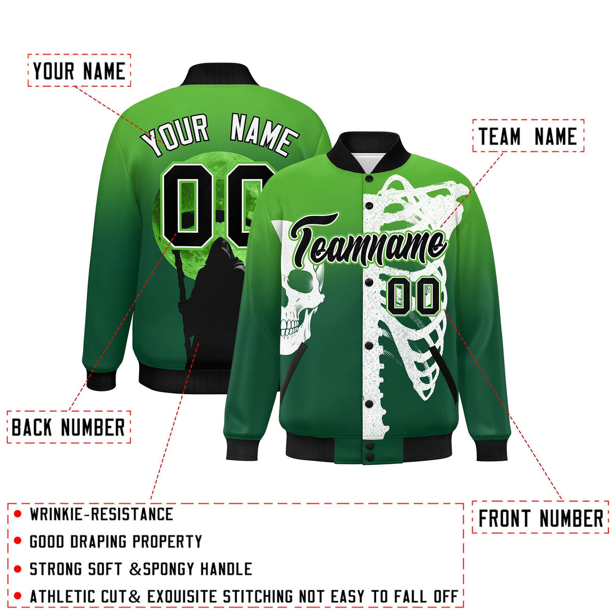 Custom Light Green Dark Green Black skeleton Halloween Graffiti Pattern Moisture-Wicking Jacket| KXKSHOP