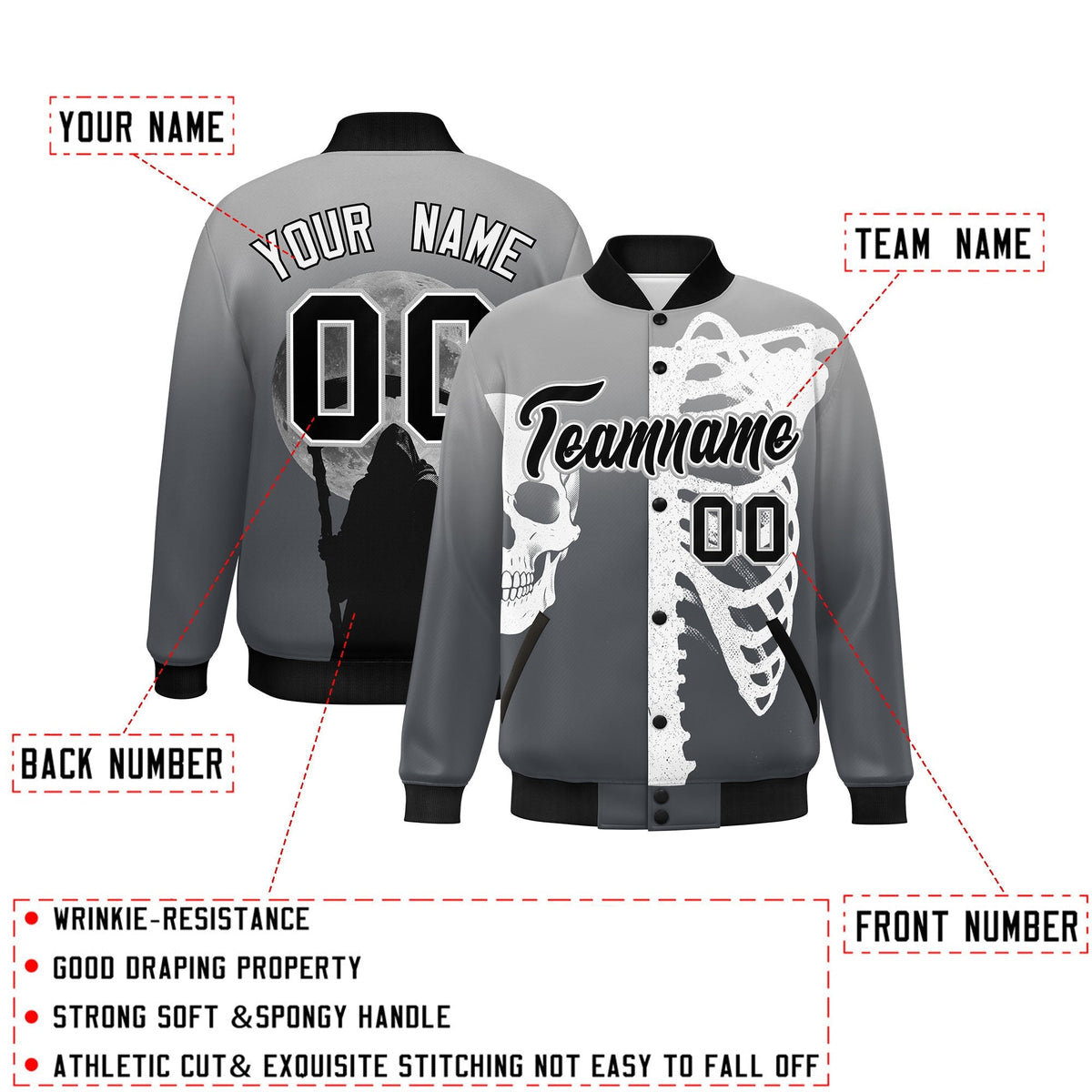 Custom Gray Dark Gray Black skeleton Halloween Graffiti Pattern Moisture-Wicking Jacket| KXKSHOP