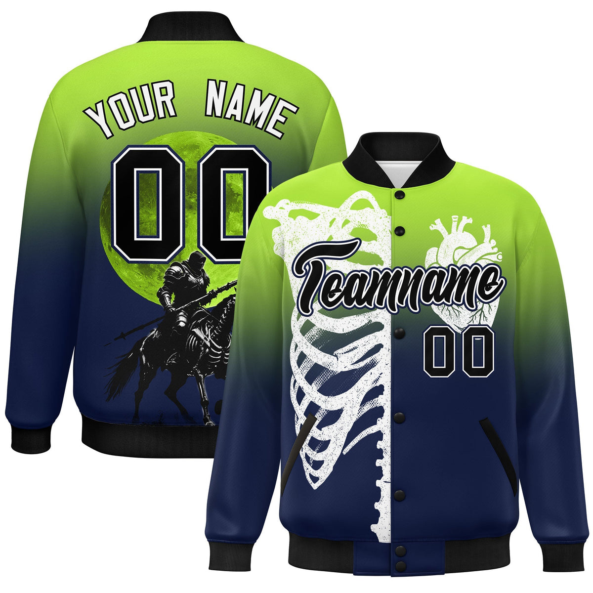Custom Neon Green Navy Black skeleton Halloween Graffiti Pattern Stretch Fabric Jacket| KXKSHOP